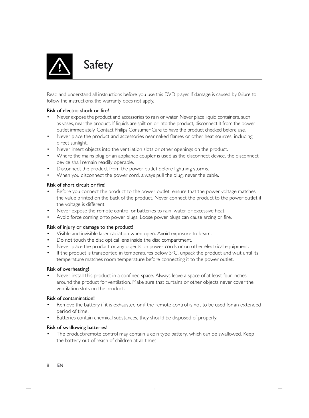 Philips DVP3850K user manual Safety 