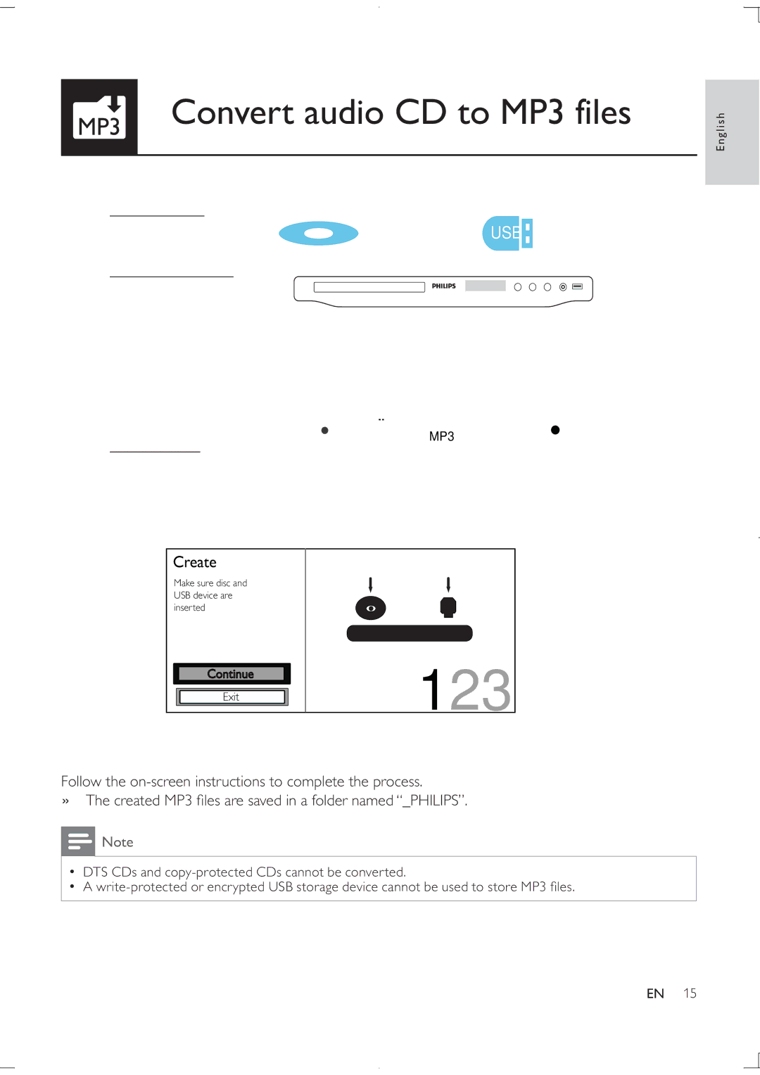 Philips DVP3850K user manual 123, MP3 Convert audio CD to MP3 files 