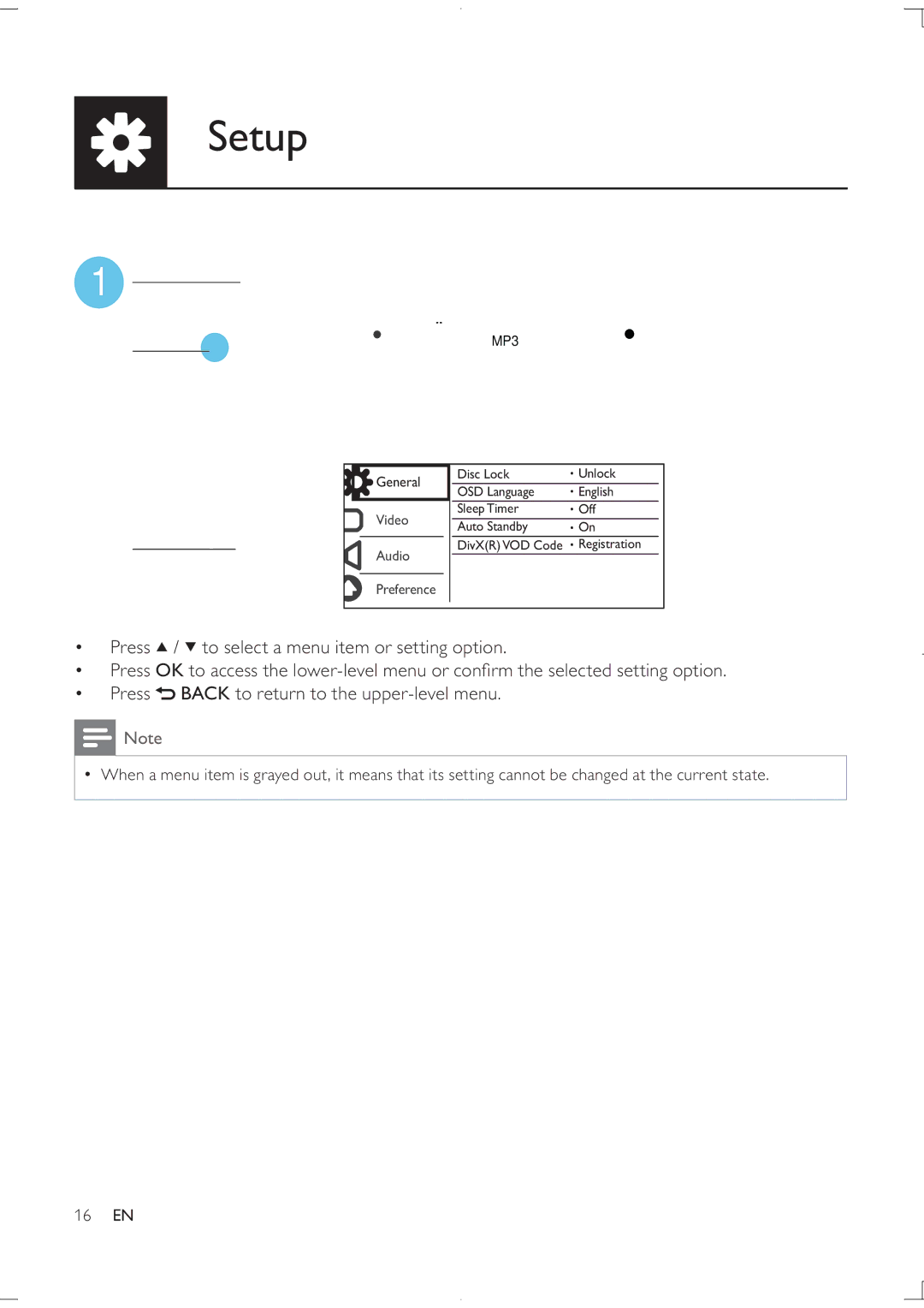 Philips DVP3850K user manual Setup, MP3 