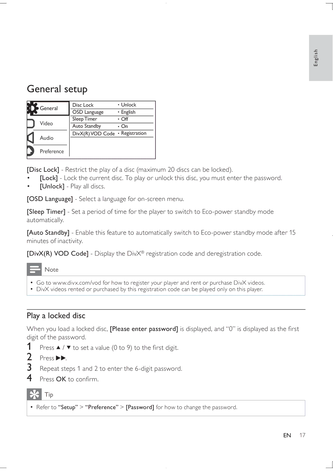 Philips DVP3850K user manual General setup, Play a locked disc 