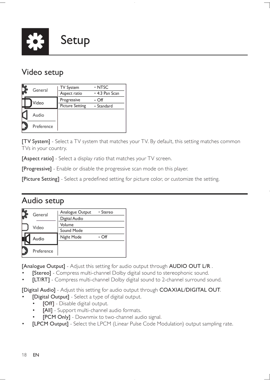 Philips DVP3850K user manual Video setup, Audio setup 