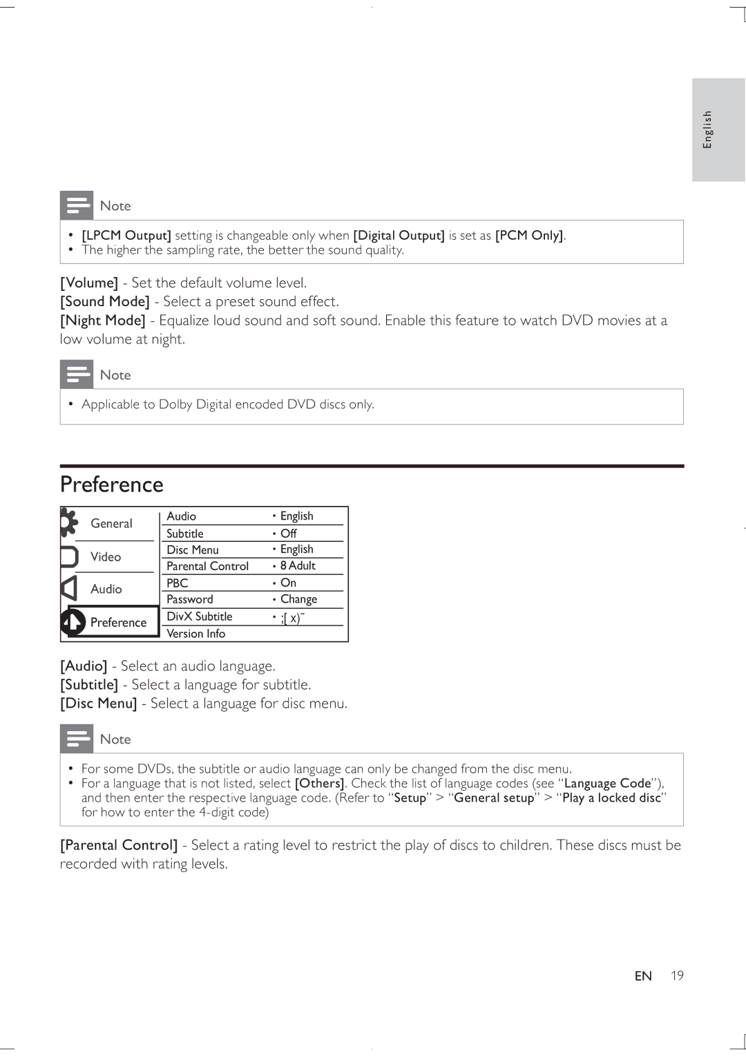 Philips DVP3850K user manual Preference 