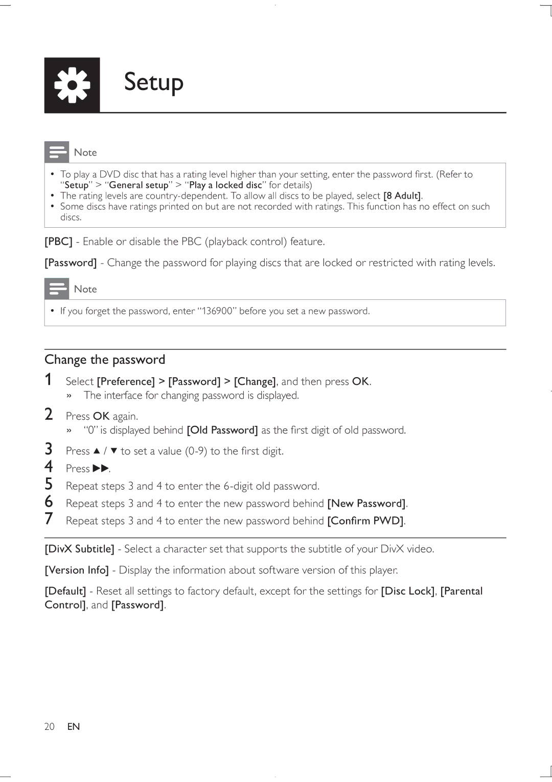 Philips DVP3850K user manual Change the password 