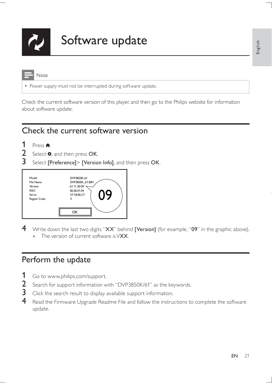 Philips DVP3850K user manual Software update, Check the current software version, Perform the update 