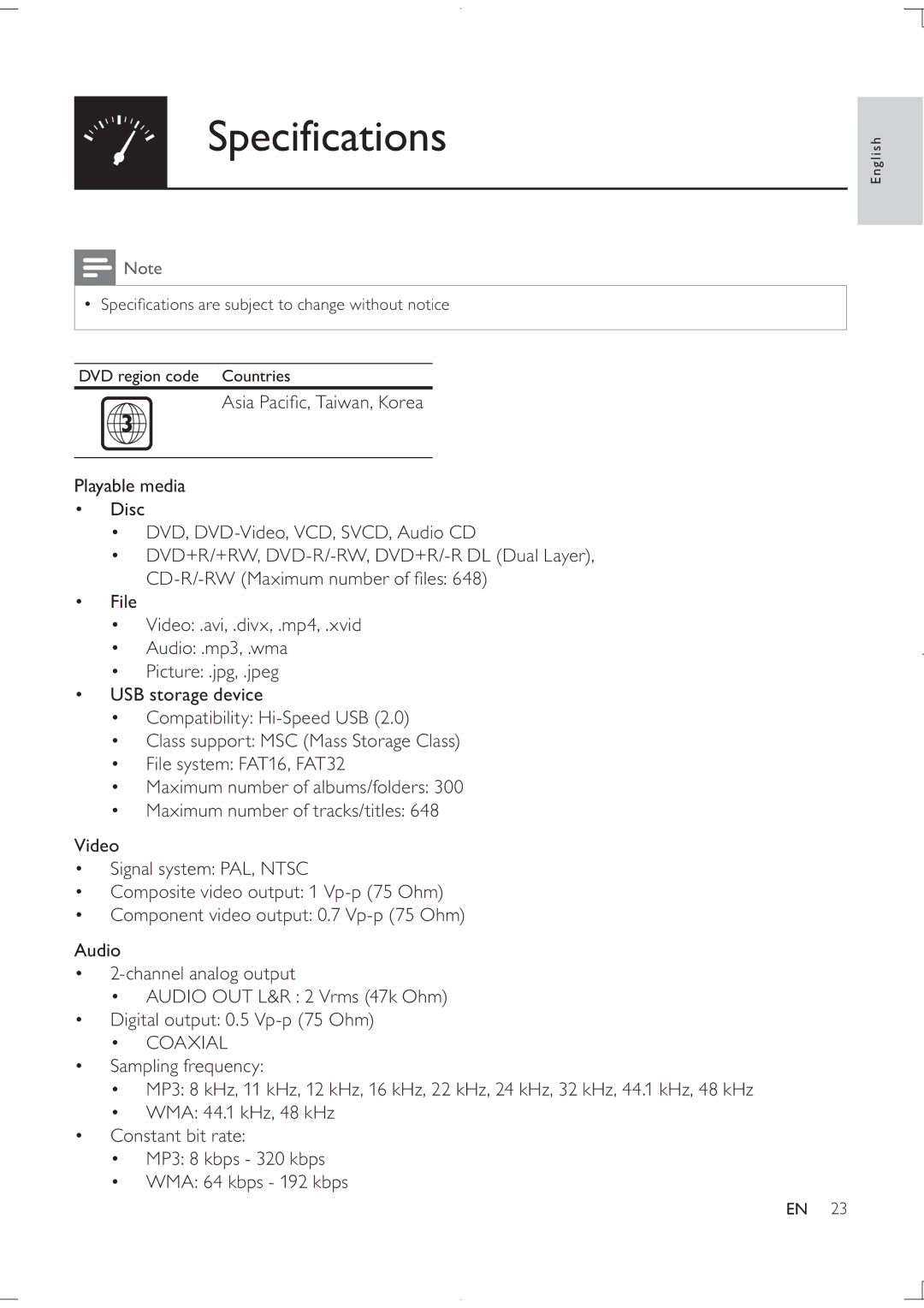 Philips DVP3850K user manual Specifications, Coaxial 