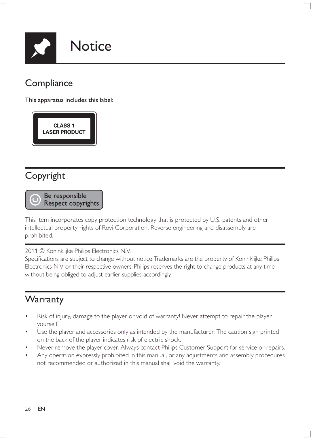 Philips DVP3850K user manual Compliance, Copyright, Warranty 