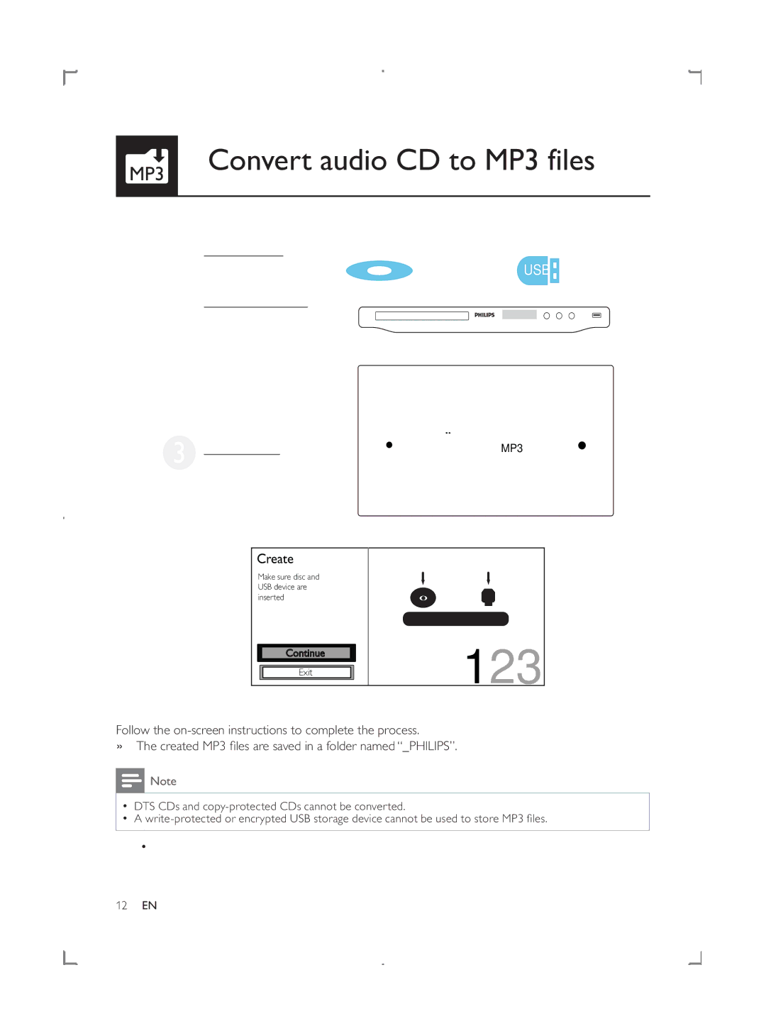 Philips DVP3858 user manual 123, MP3 Convert audio CD to MP3 files 