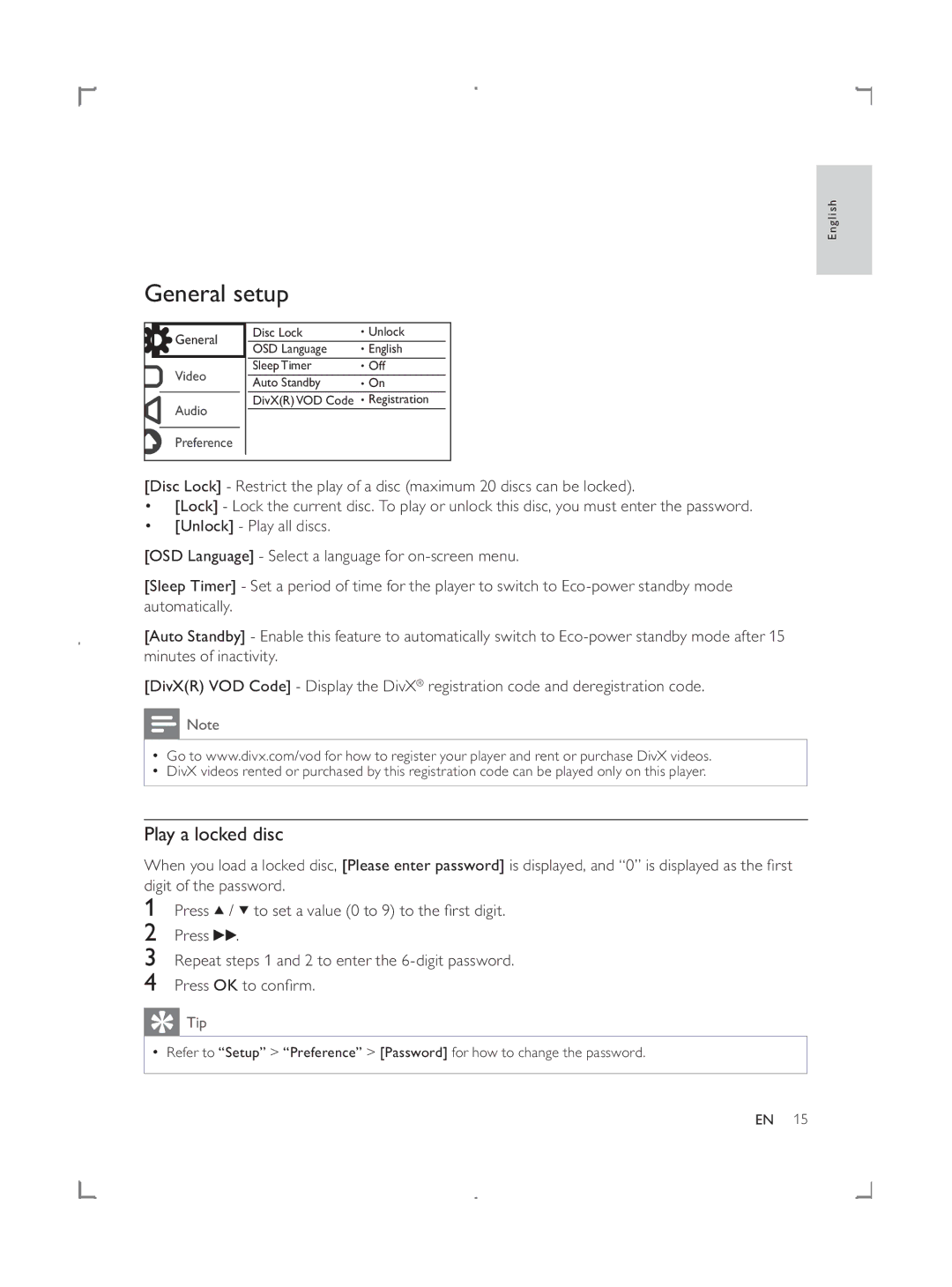 Philips DVP3858 user manual General setup, Play a locked disc 