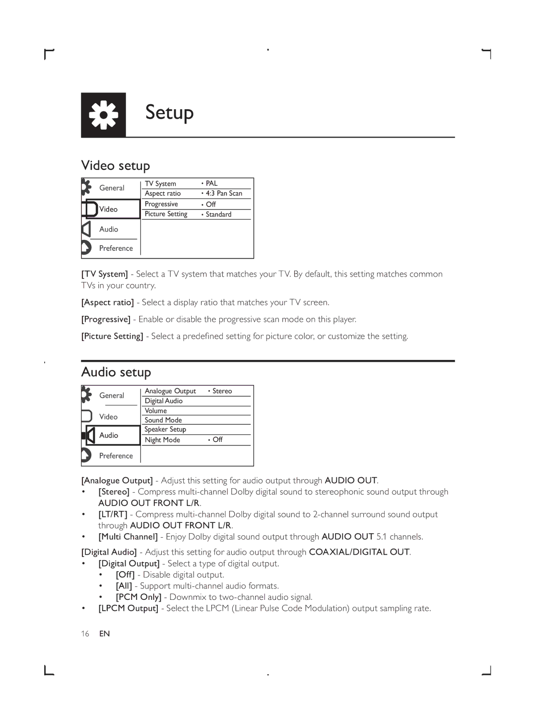 Philips DVP3858 user manual Video setup, Audio setup 