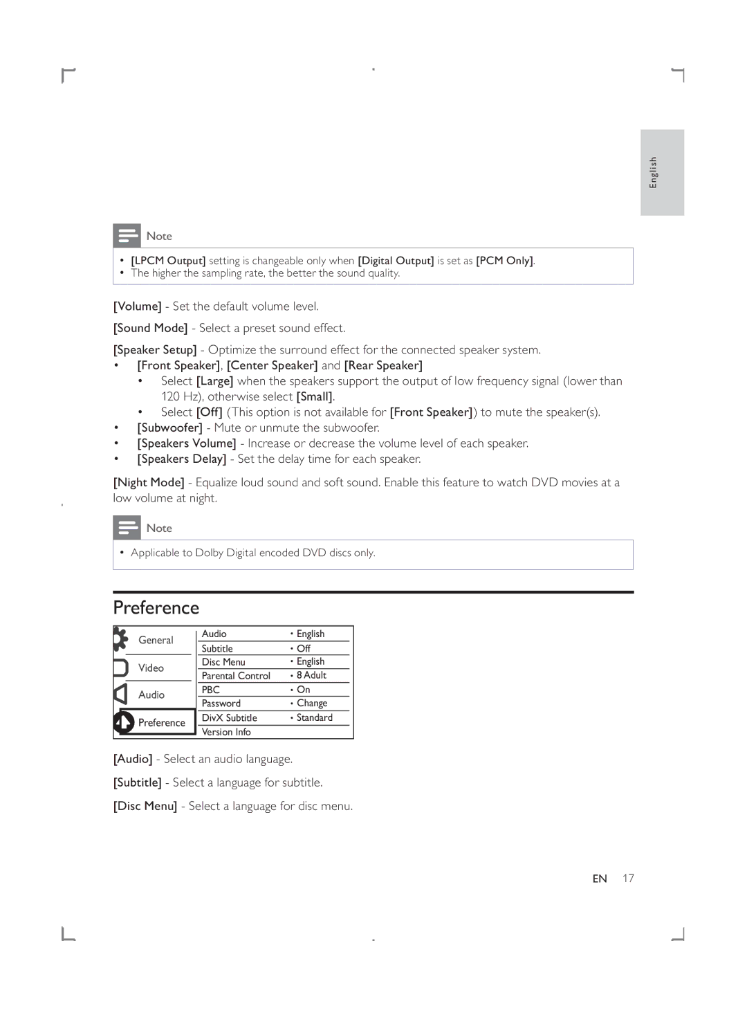 Philips DVP3858 user manual Preference 