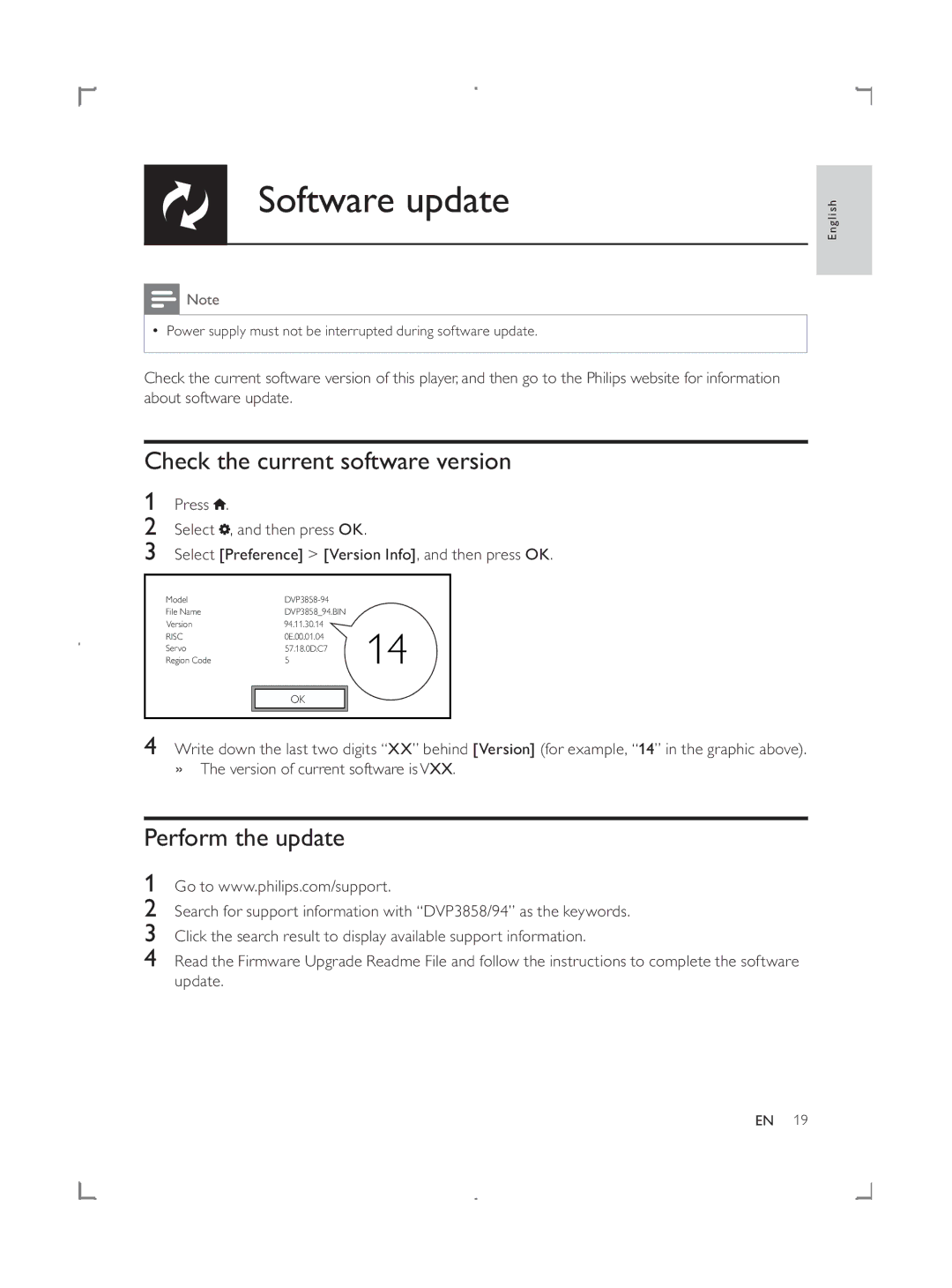 Philips DVP3858 user manual Software update, Check the current software version, Perform the update 