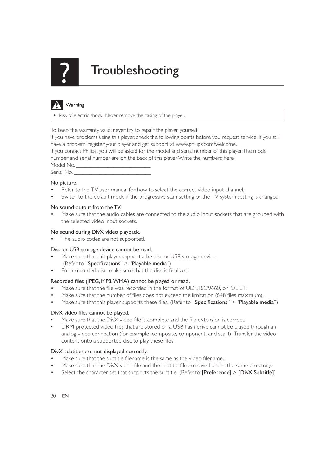 Philips DVP3858 user manual Troubleshooting 