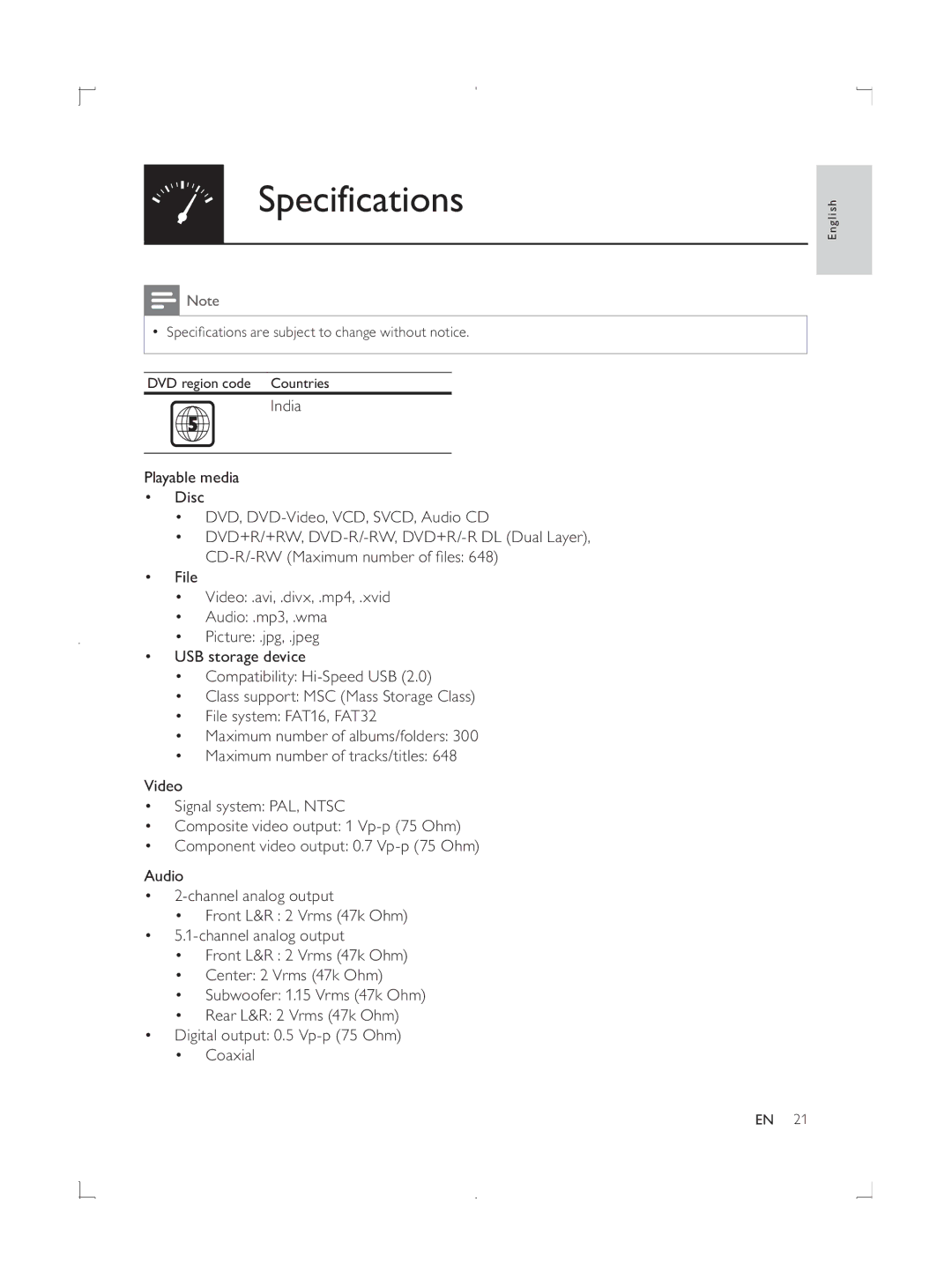 Philips DVP3858 user manual Specifications 