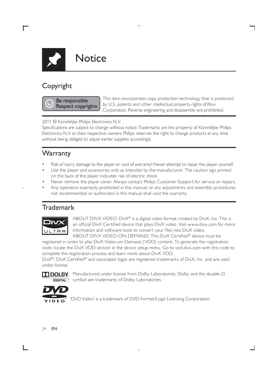 Philips DVP3858 user manual Copyright, Warranty, Trademark 