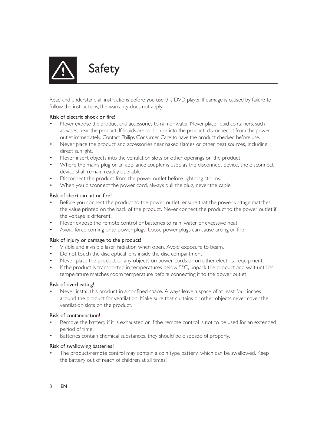 Philips DVP3858 user manual Safety 