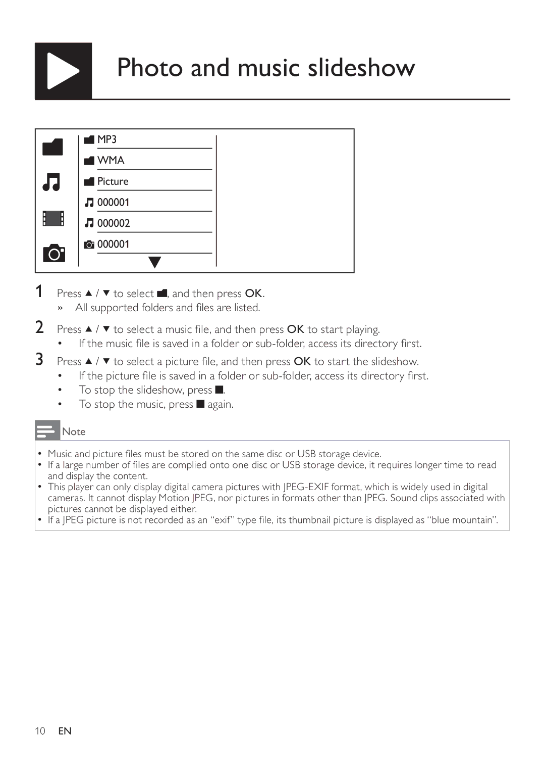 Philips DVP3860 user manual Photo and music slideshow, Wma 