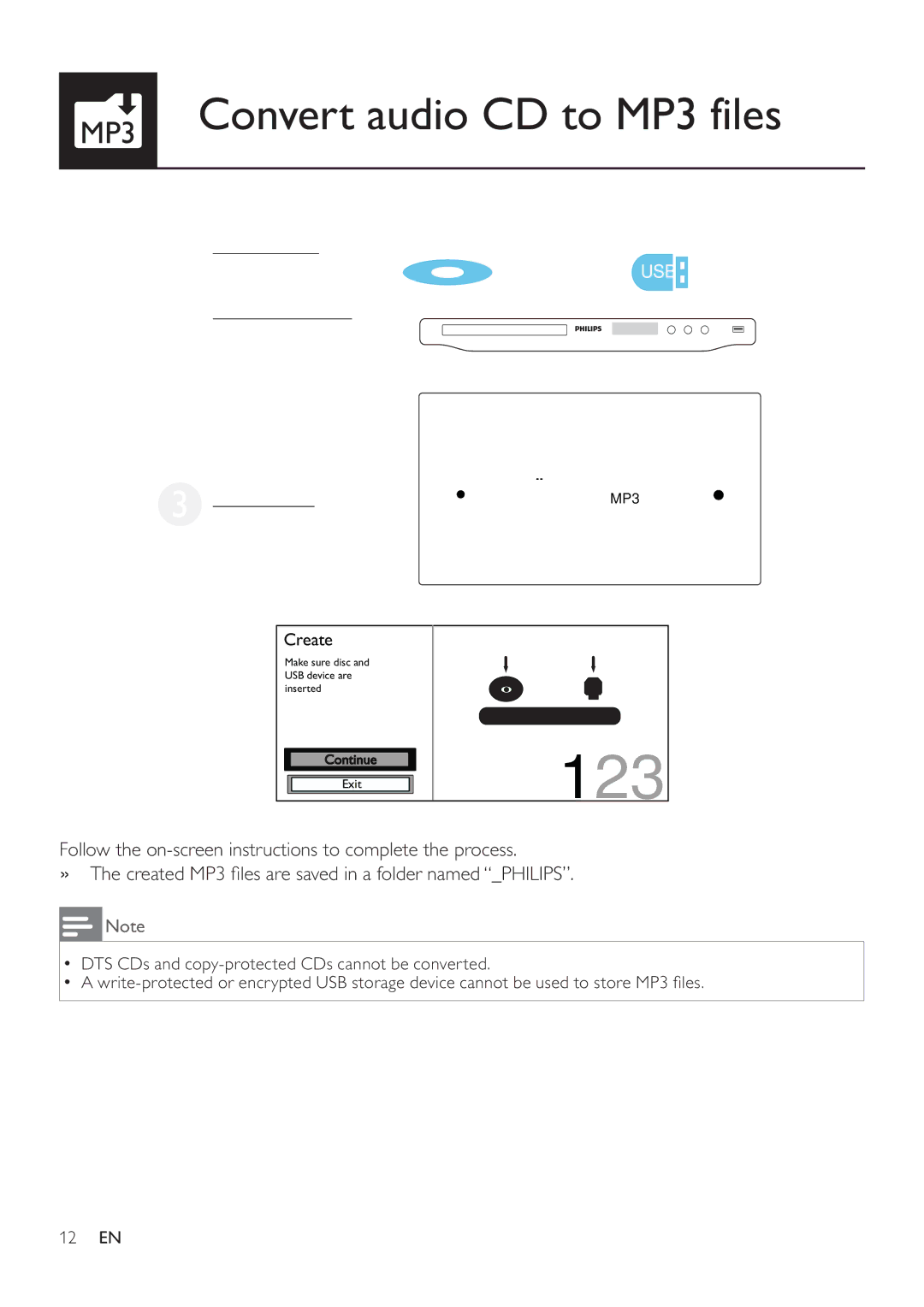 Philips DVP3860 user manual 123, MP3 Convert audio CD to MP3 files 