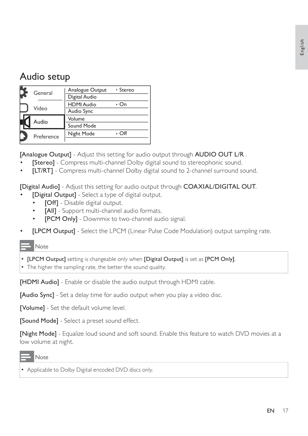 Philips DVP3860 user manual Audio setup 