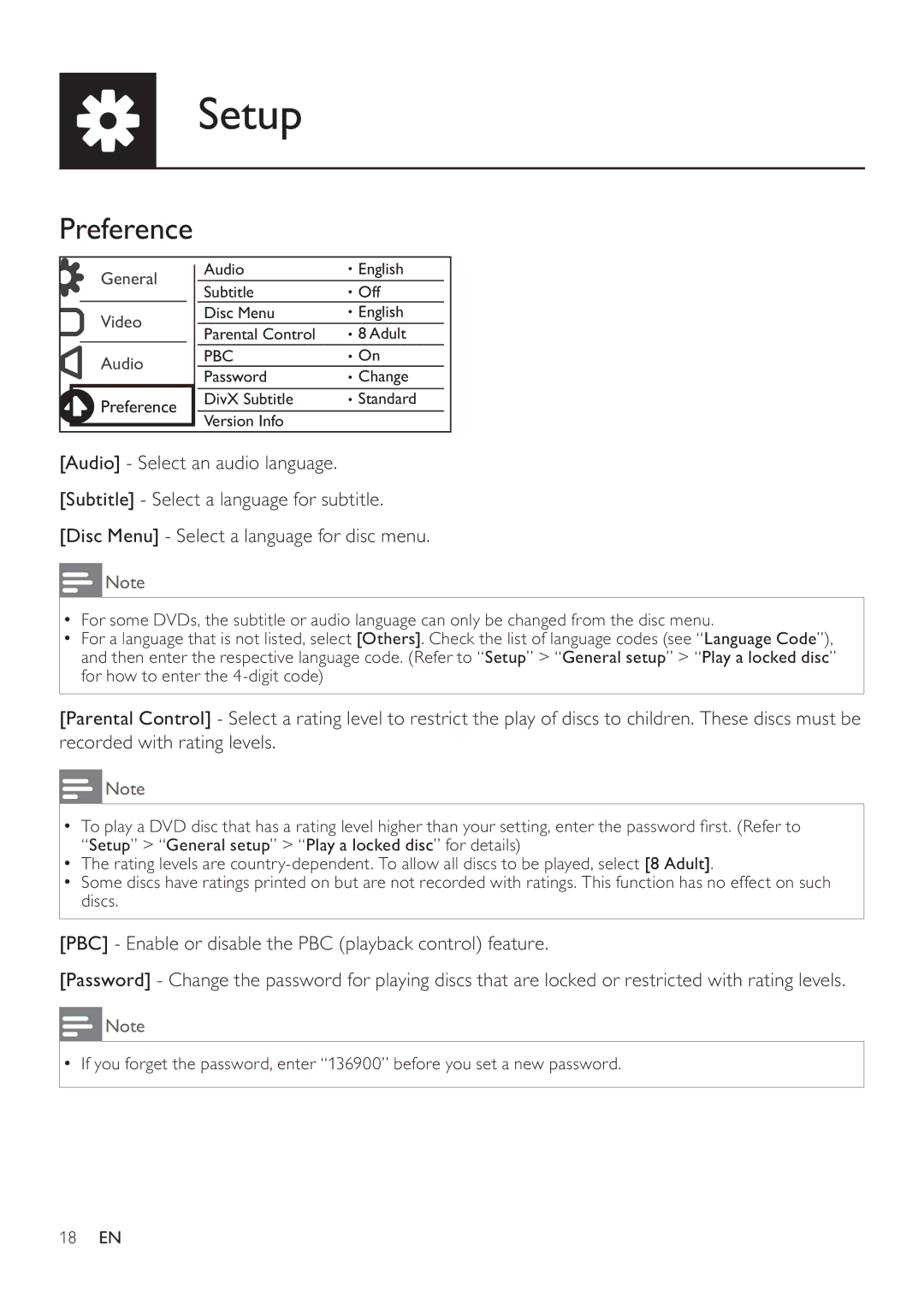 Philips DVP3860 user manual Preference 