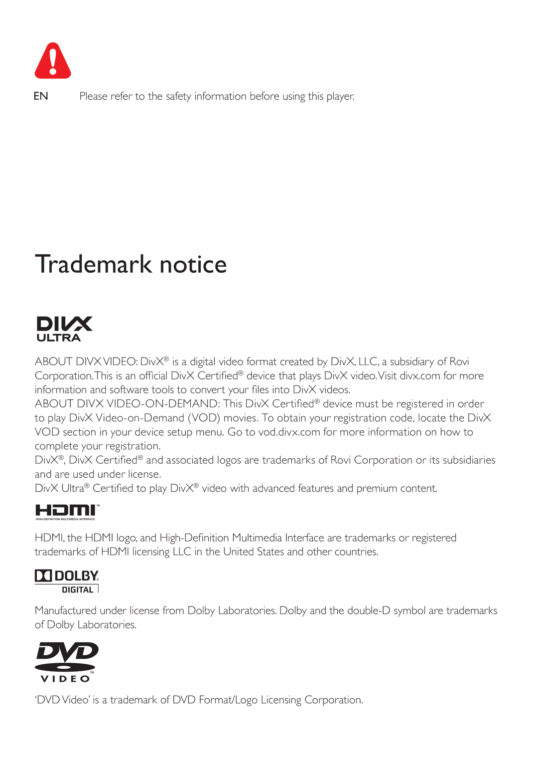 Philips DVP3860 user manual Trademark notice 