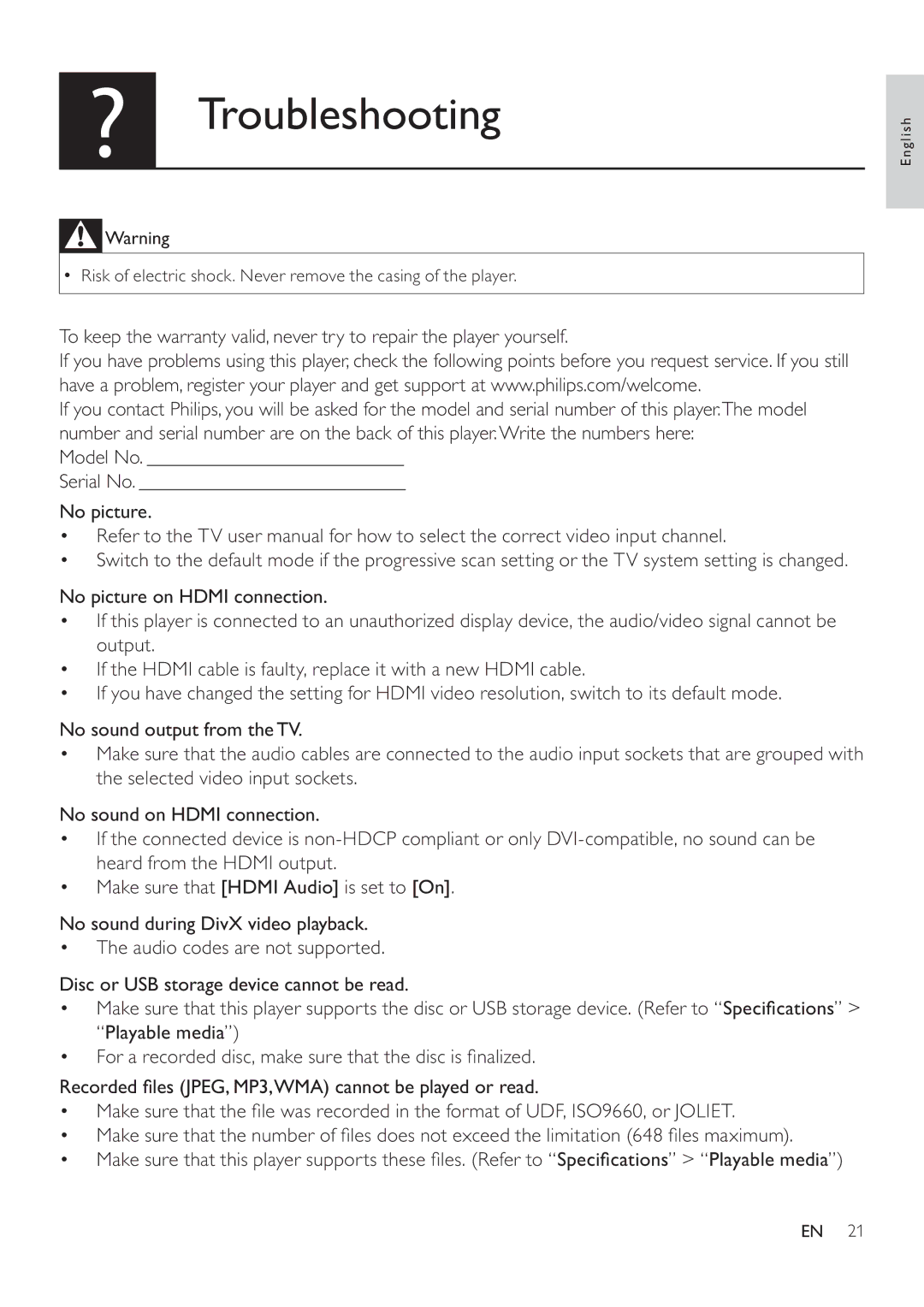 Philips DVP3860 user manual Troubleshooting 