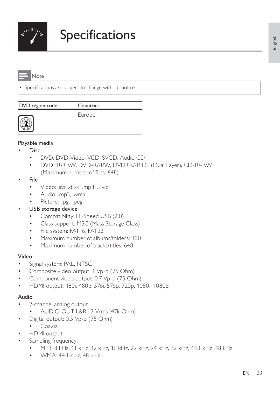 Philips DVP3860 user manual Specifications 