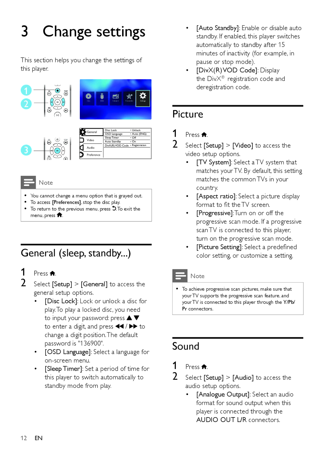 Philips DVP3864K user manual Change settings, Picture, General sleep, standby, Sound 