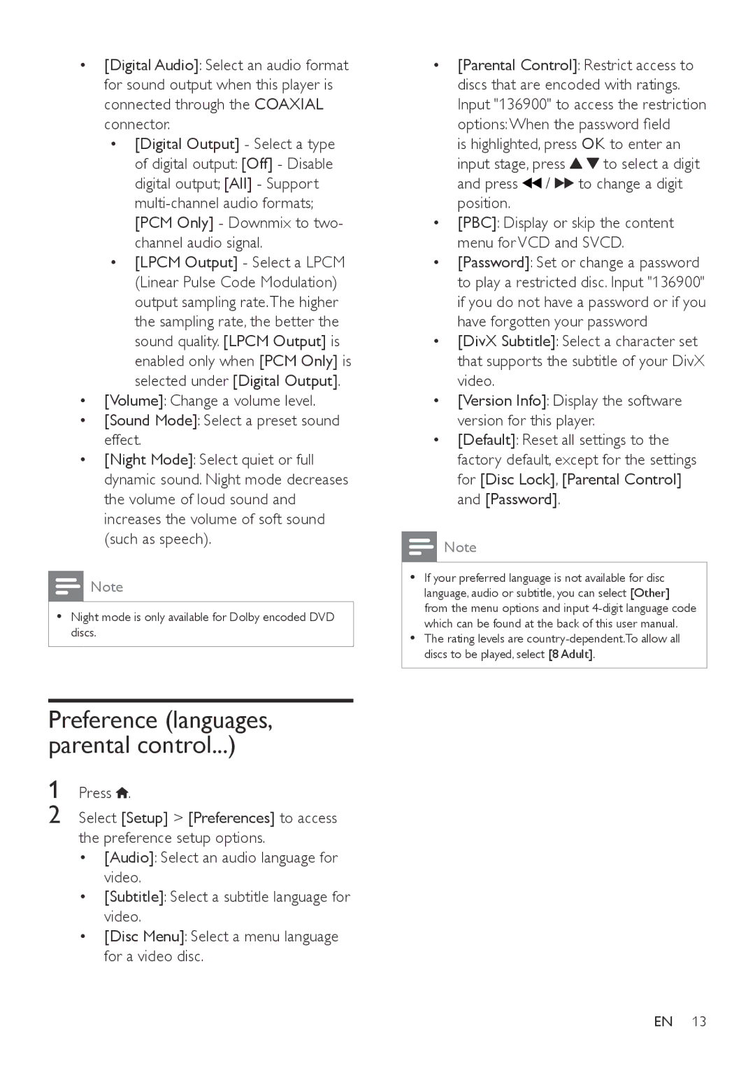 Philips DVP3864K user manual Preference languages, parental control 