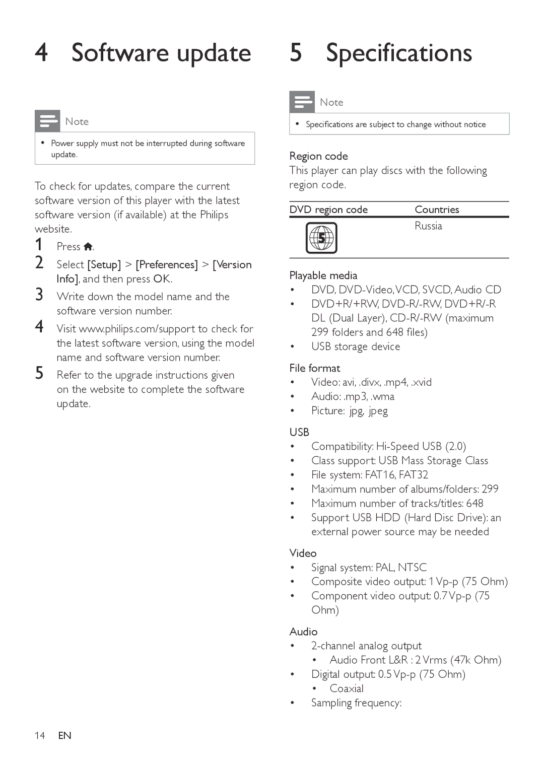 Philips DVP3864K user manual Software update, Specifications, Russia, Playable media DVD, DVD-Video,VCD, SVCD, Audio CD 