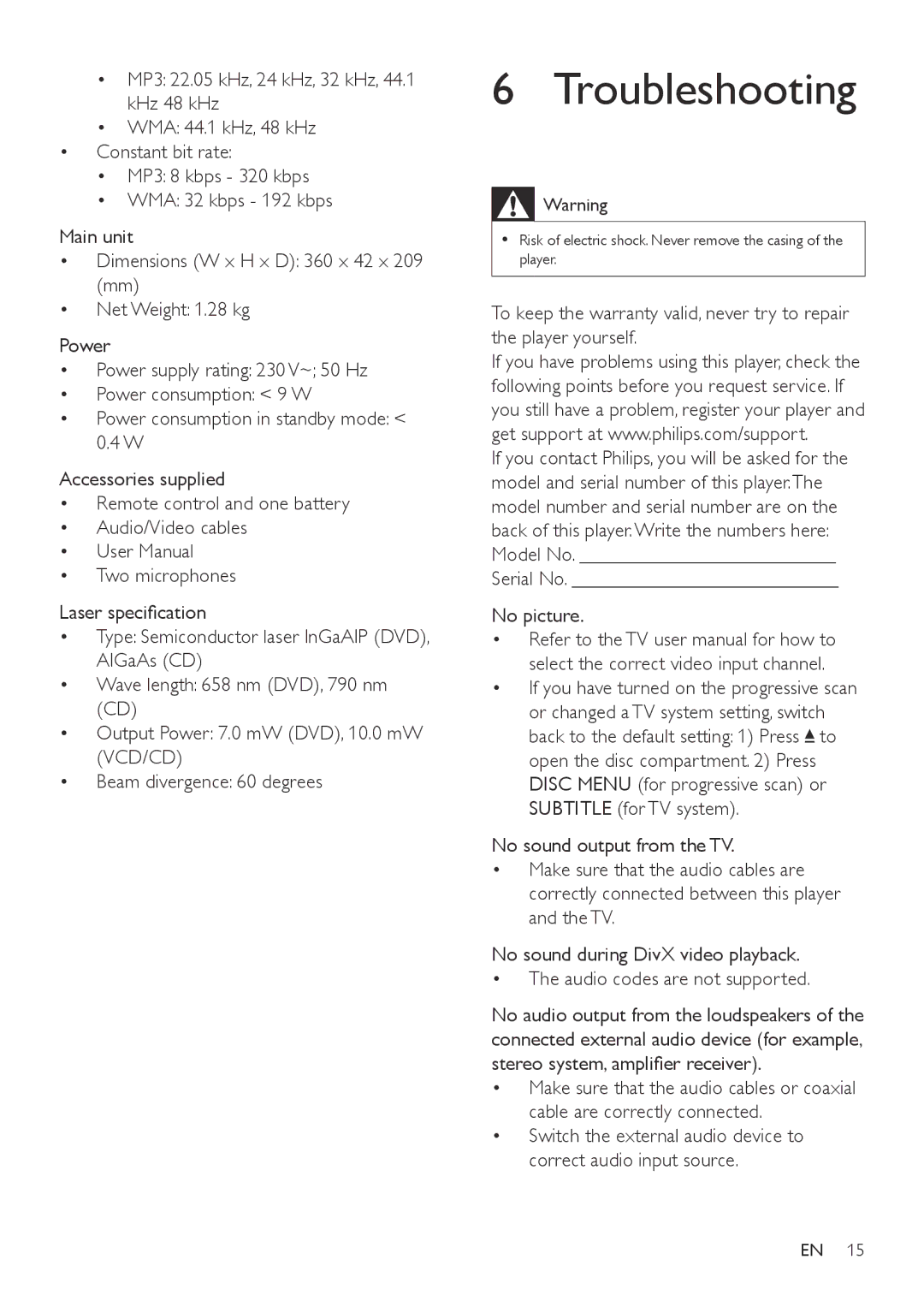 Philips DVP3864K user manual Troubleshooting, Beam divergence 60 degrees, Serial No No picture 