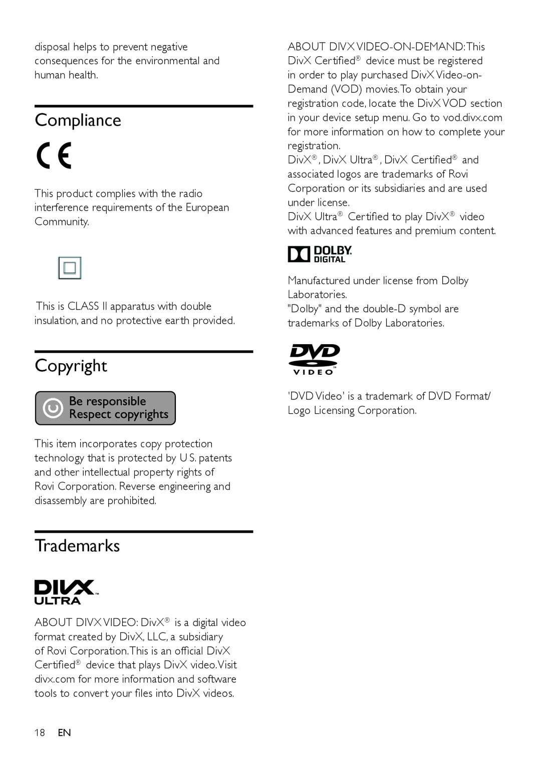 Philips DVP3864K user manual Compliance, Copyright, Trademarks, Manufactured under license from Dolby Laboratories 