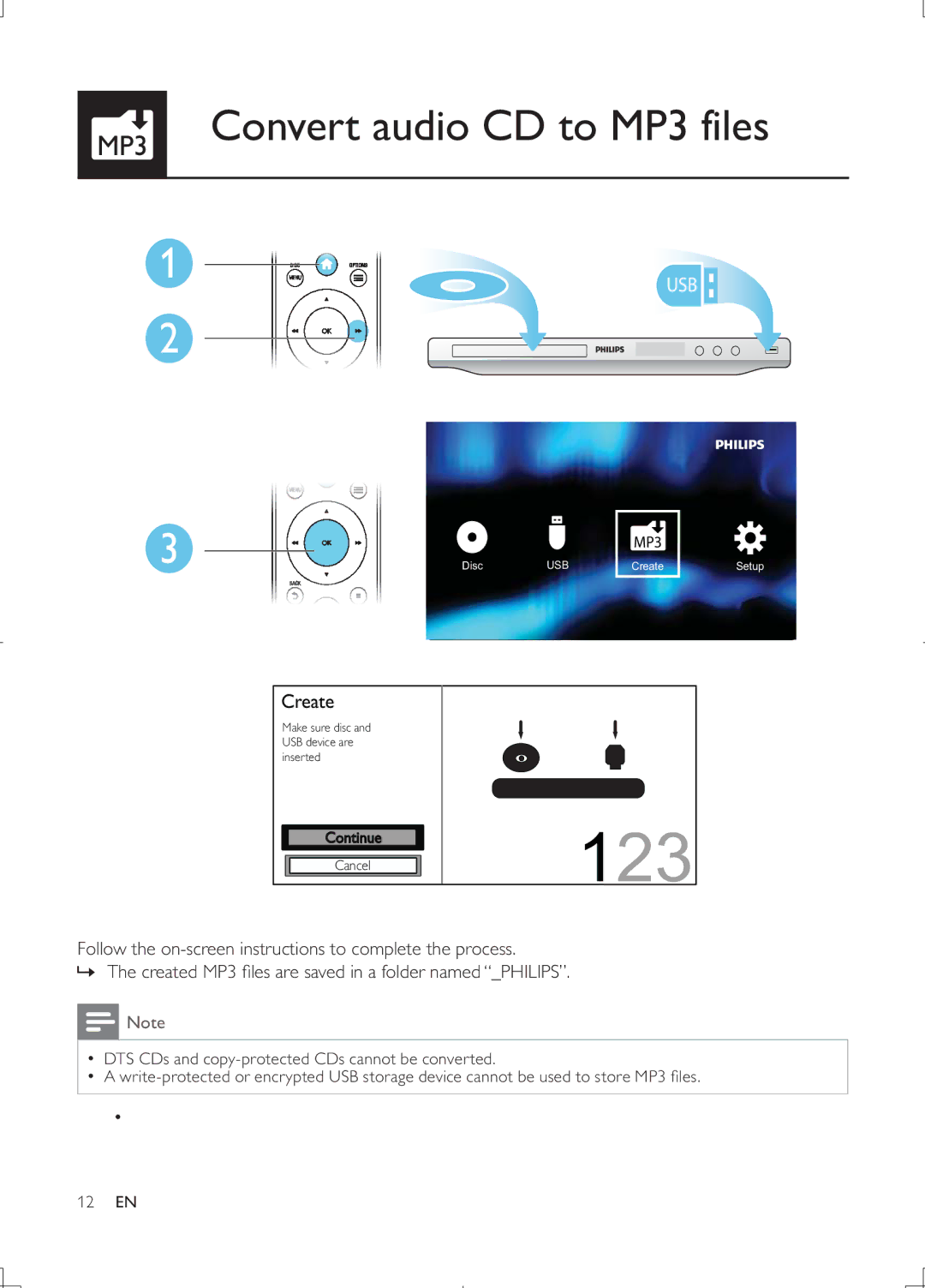 Philips DVP3868G user manual 123, MP3 Convert audio CD to MP3 files 