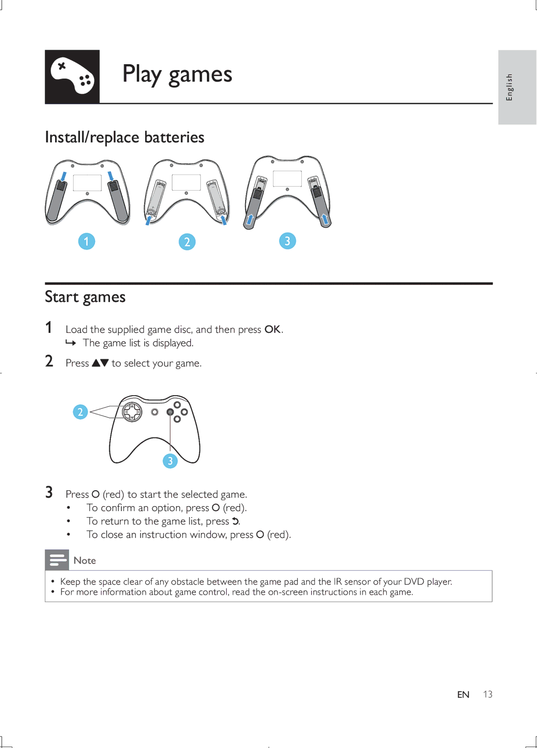 Philips DVP3868G user manual Play games, Install/replace batteries, Start games 