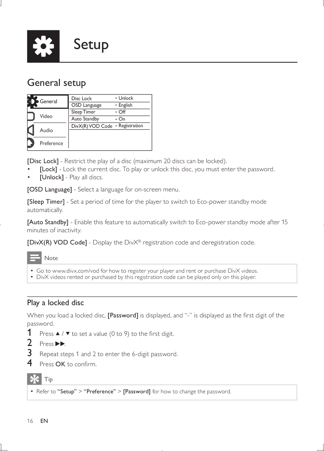 Philips DVP3868G user manual General setup, Play a locked disc 