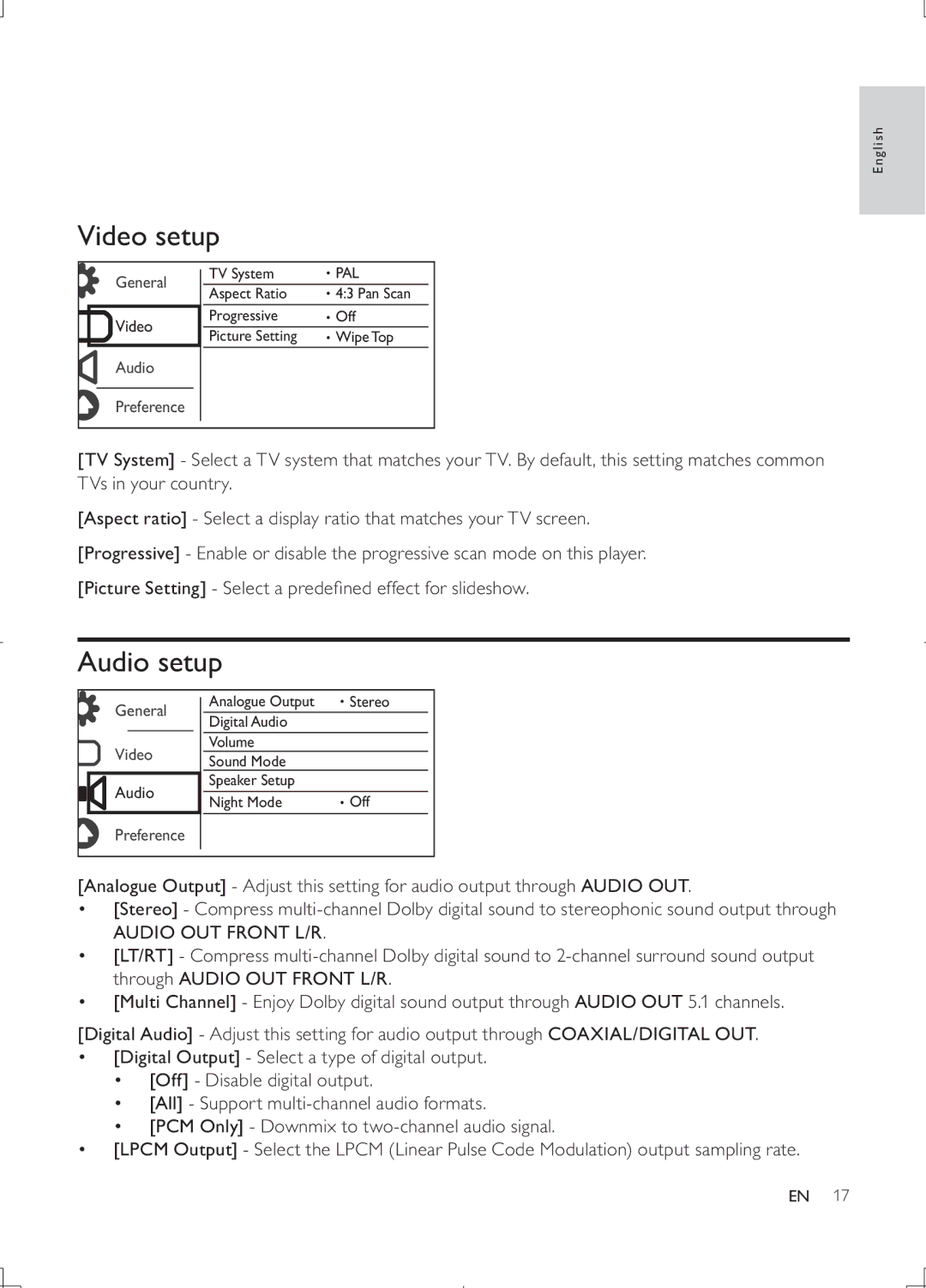 Philips DVP3868G user manual Video setup, Audio setup 