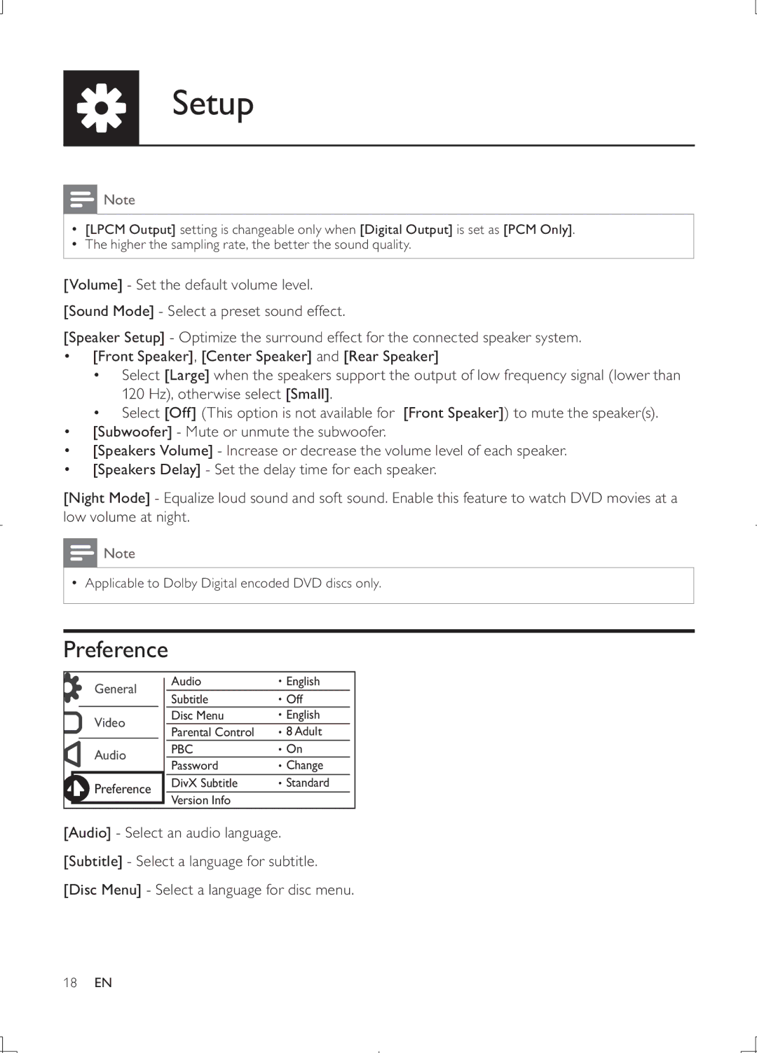 Philips DVP3868G user manual Preference 