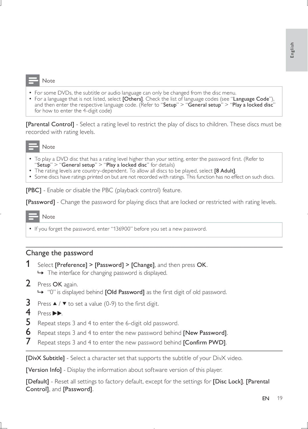 Philips DVP3868G user manual Change the password 