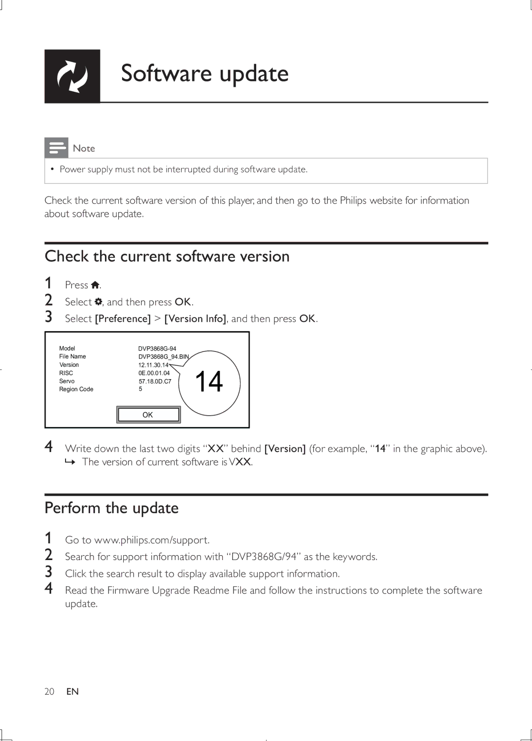 Philips DVP3868G user manual Software update, Check the current software version, Perform the update 