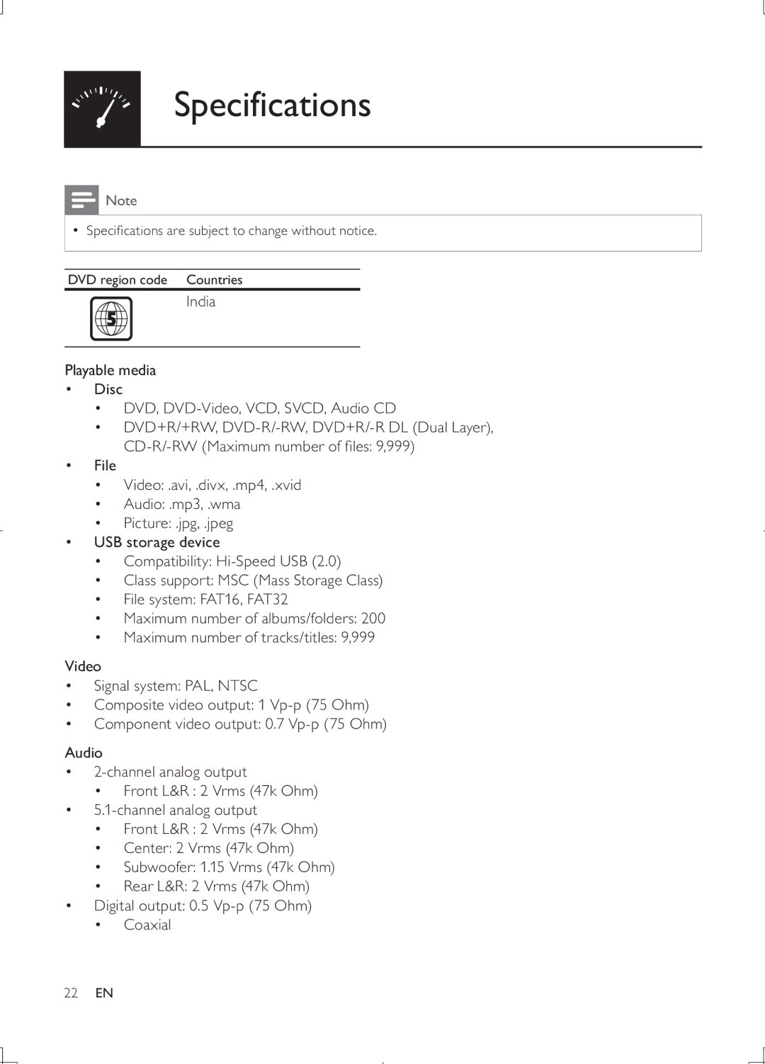 Philips DVP3868G user manual Specifications 