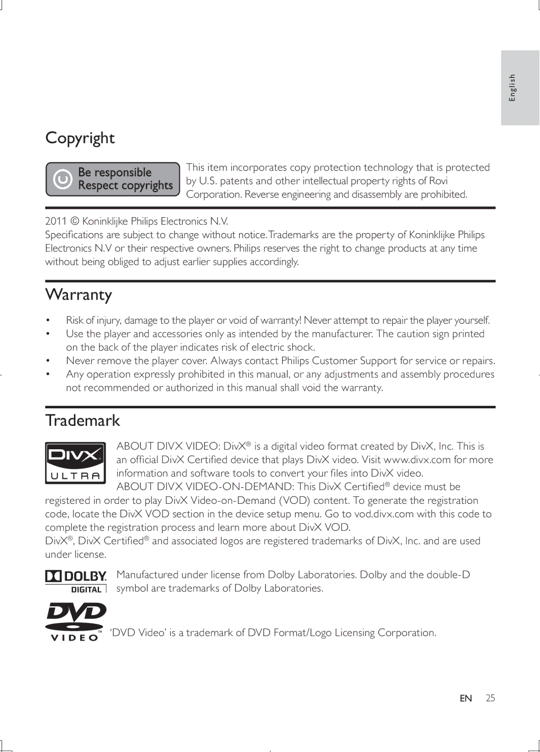 Philips DVP3868G user manual Copyright, Warranty, Trademark 