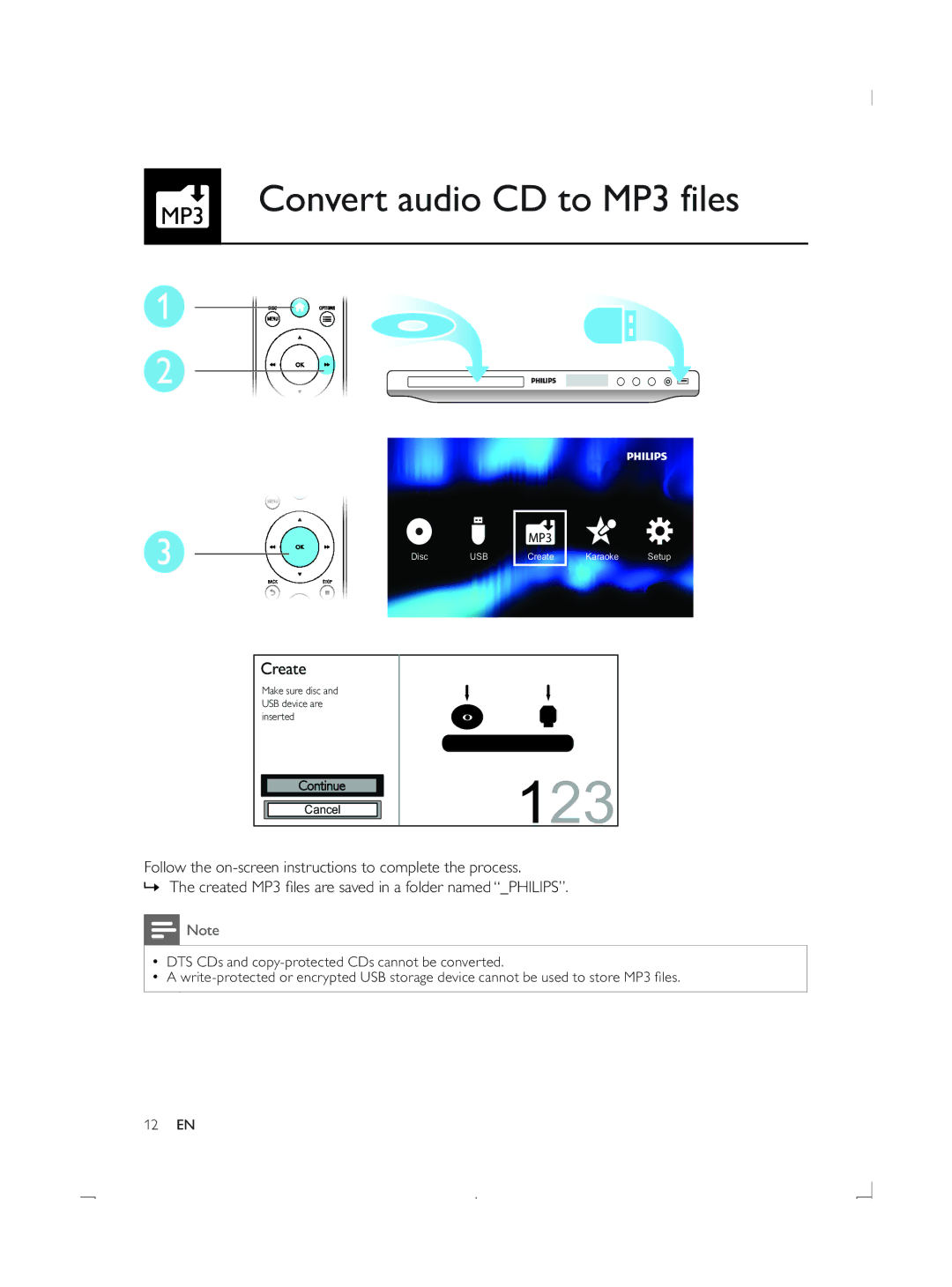 Philips DVP3870K user manual MP3 Convert audio CD to MP3 files, Usb 