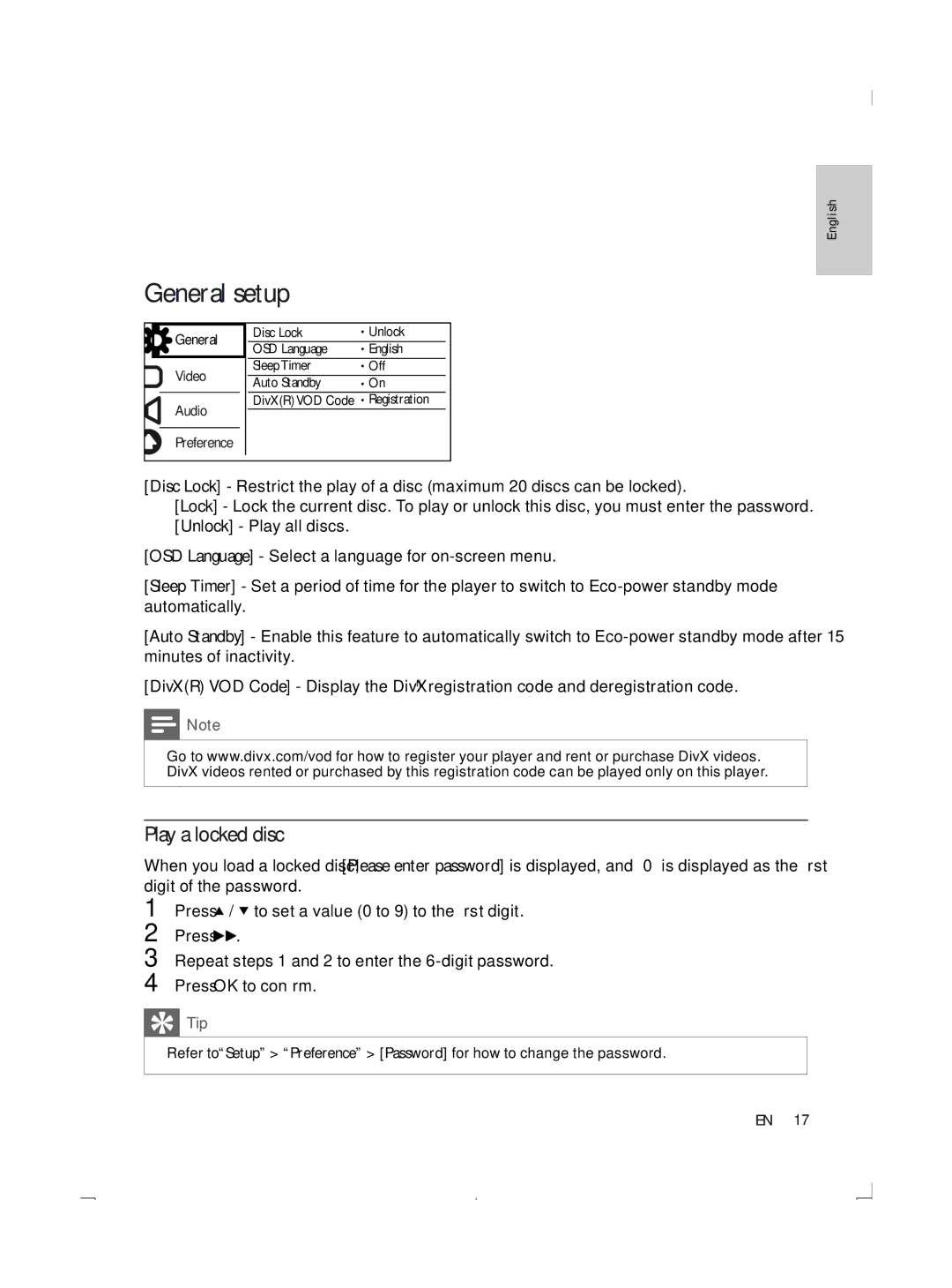 Philips DVP3870K user manual General setup, Play a locked disc 