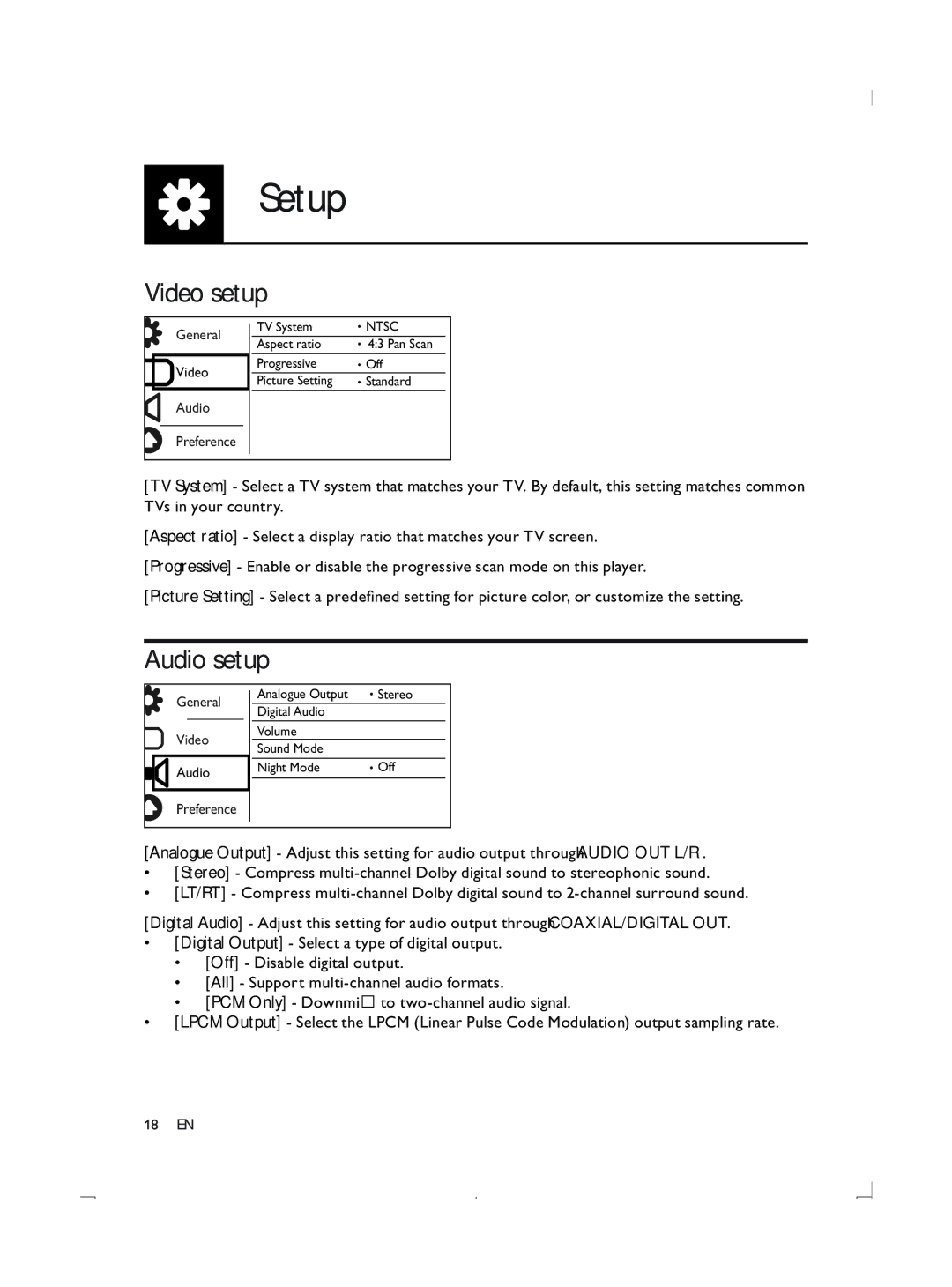 Philips DVP3870K user manual Video setup, Audio setup 