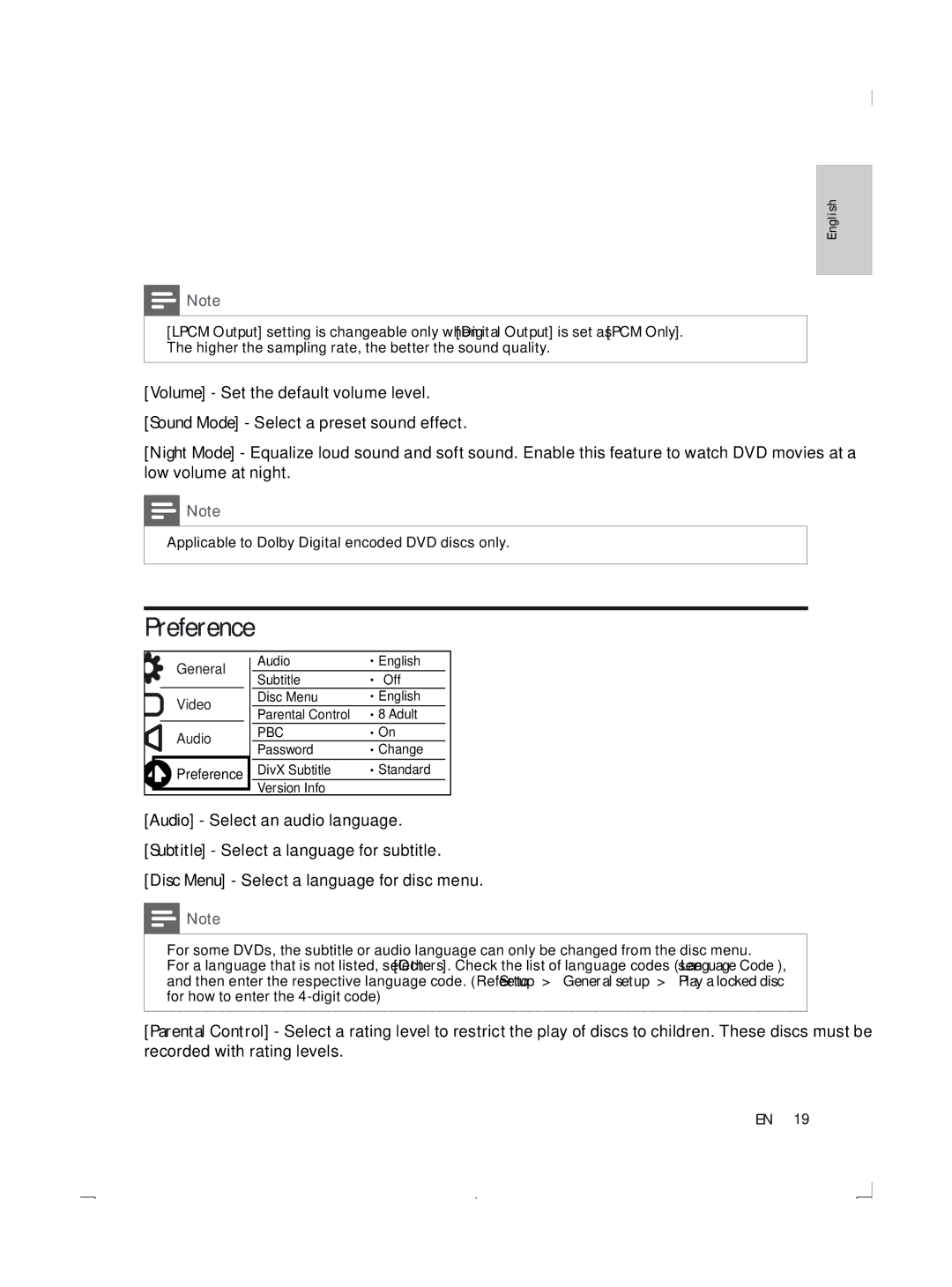 Philips DVP3870K user manual Preference 