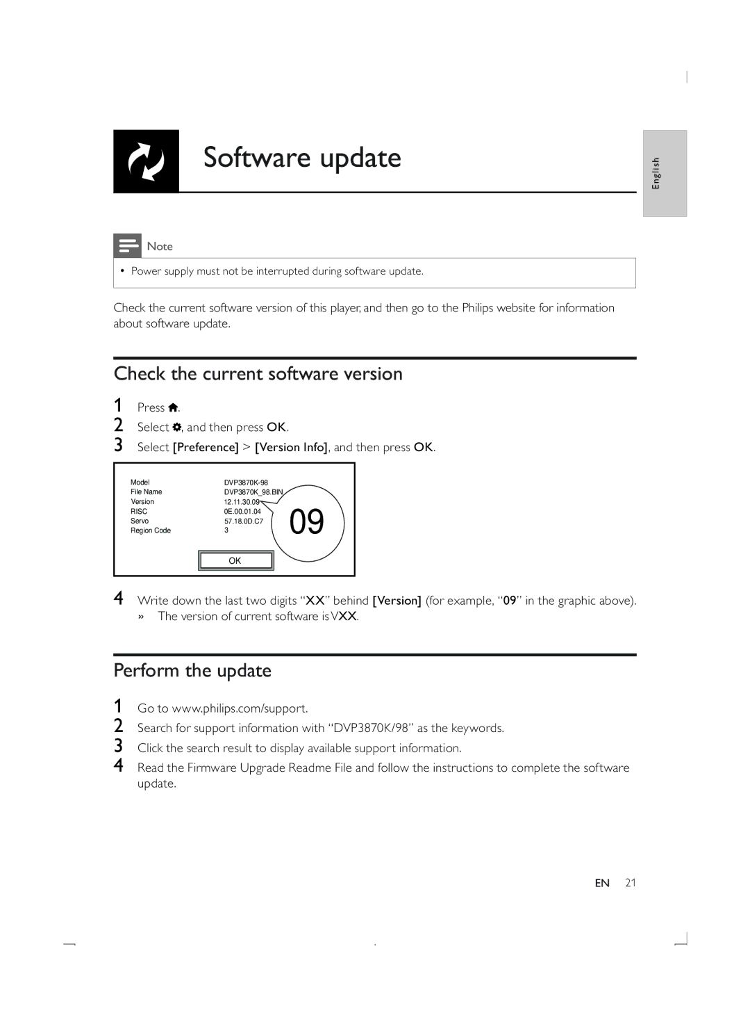 Philips DVP3870K user manual Software update, Check the current software version, Perform the update 