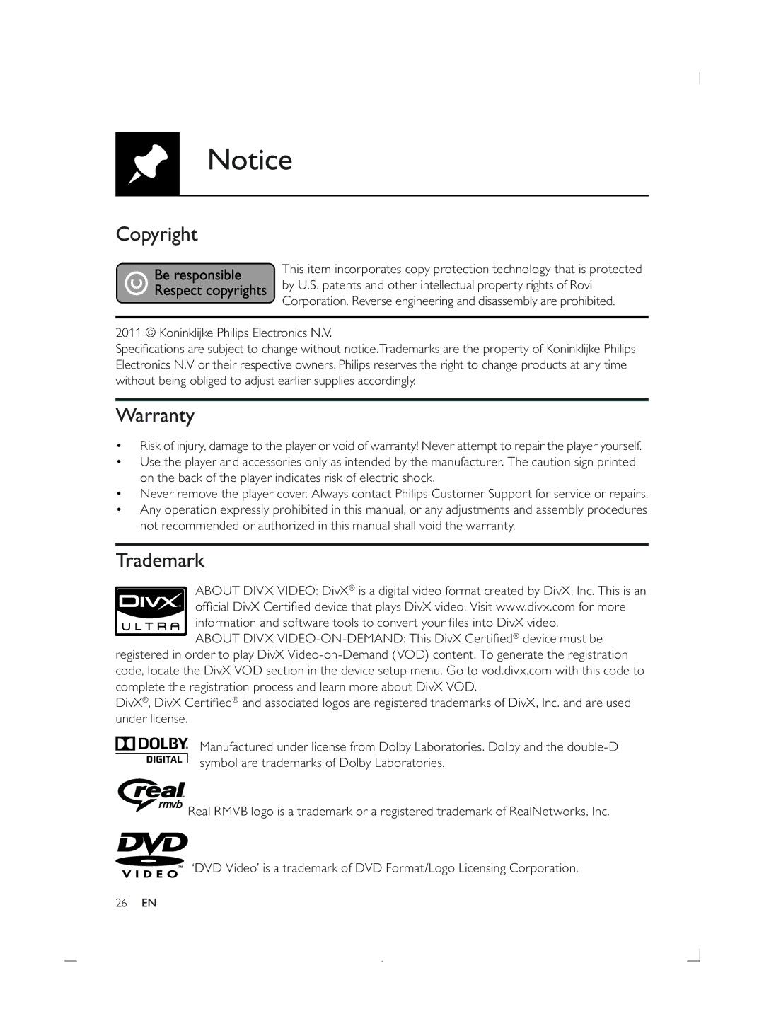 Philips DVP3870K user manual Copyright, Warranty, Trademark 