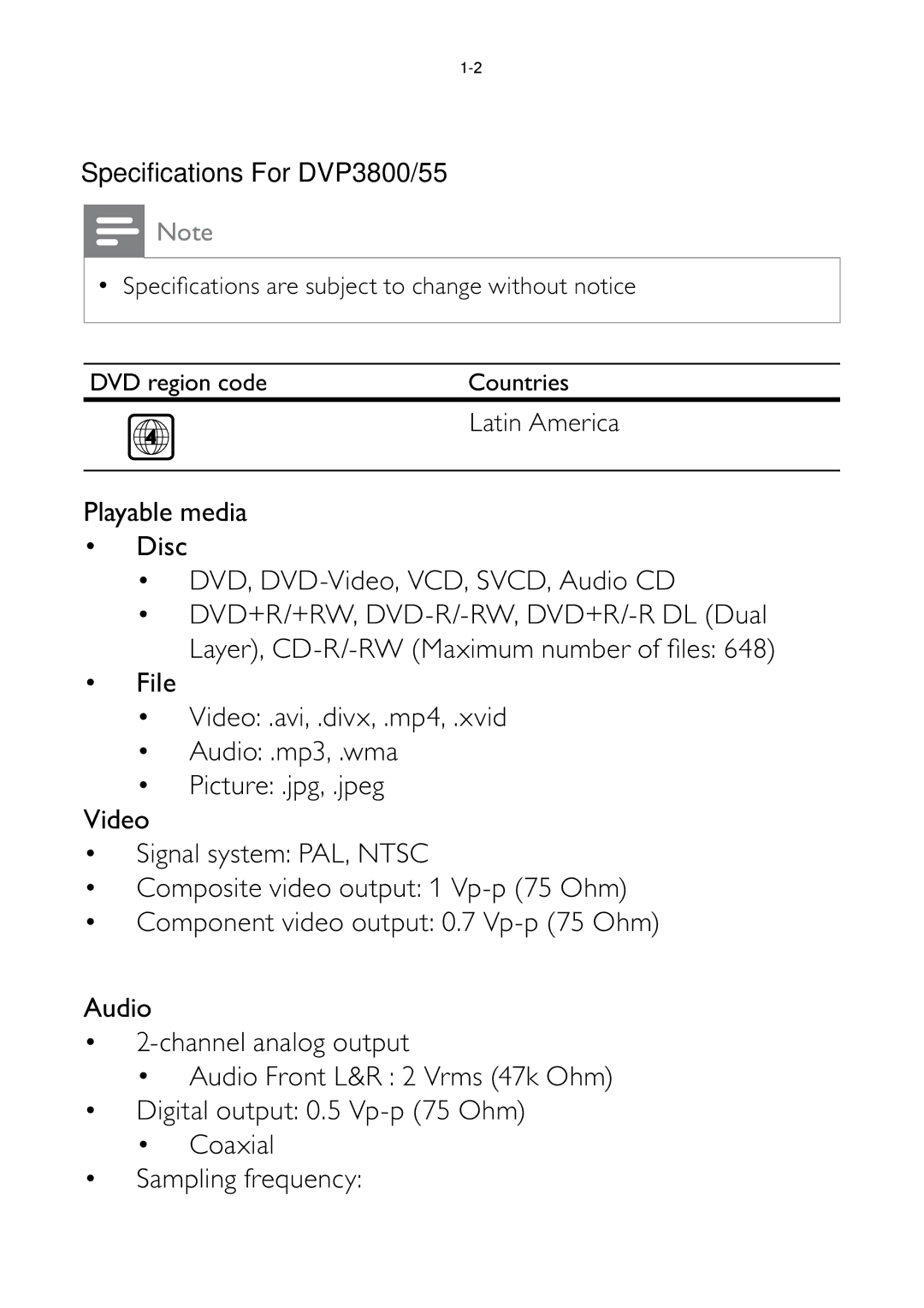 Philips DVP3855, DVP3879, DVP3893, DVP3896, DVP3898, DVP3800 Playable media Disc DVD, DVD-Video, VCD, SVCD, Audio CD 