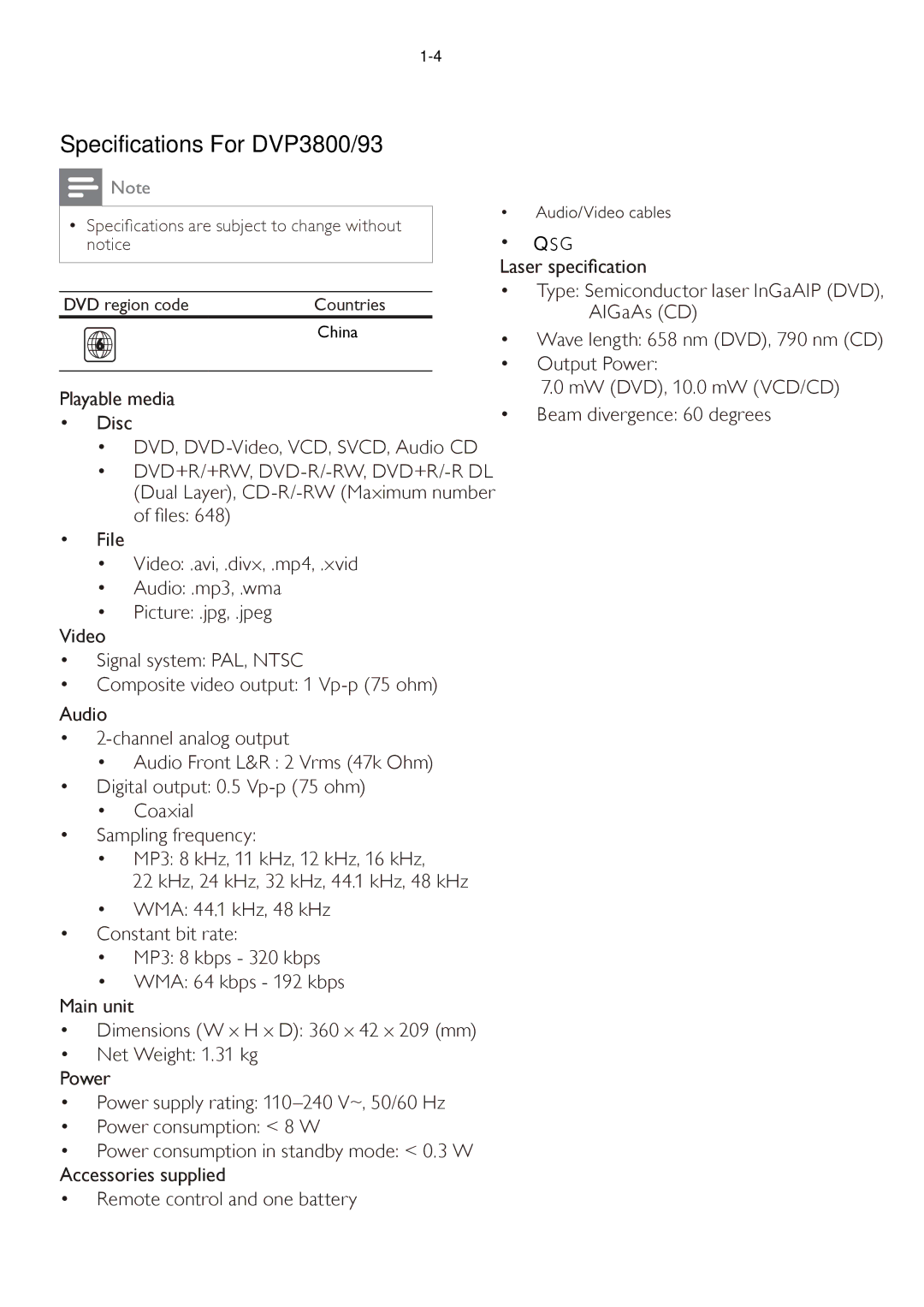 Philips DVP3898, DVP3879, DVP3893, DVP3855, DVP3896 service manual Specifications For DVP3800/93 