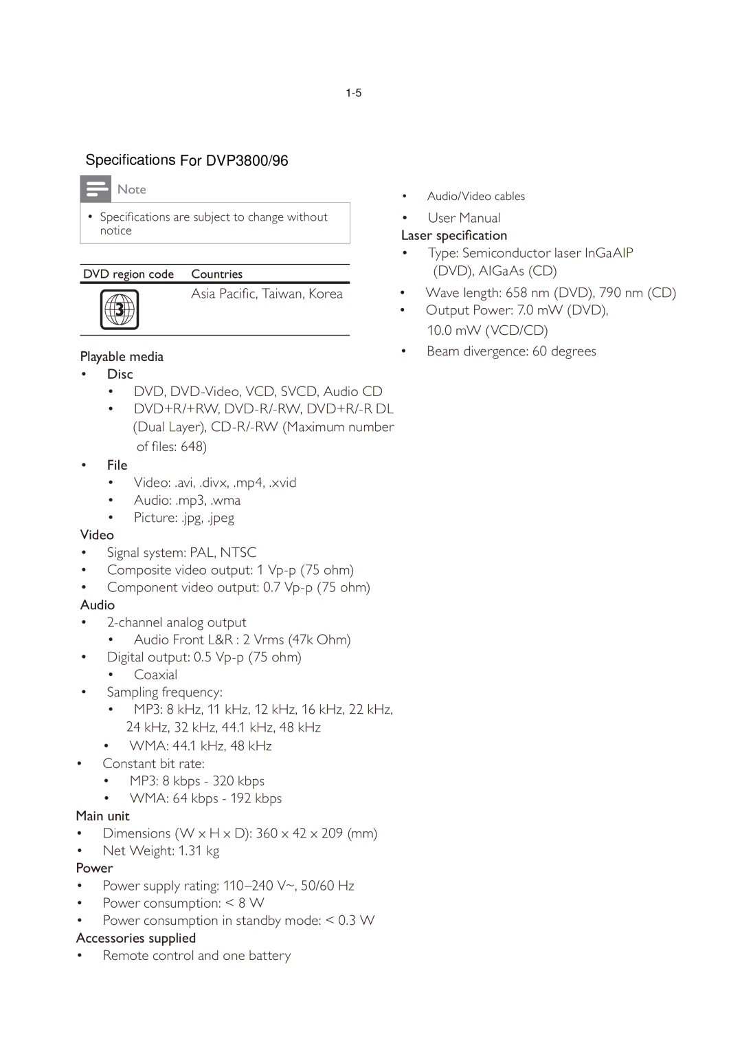 Philips DVP3879, DVP3893, DVP3855, DVP3896, DVP3898 service manual Specifications For DVP3800/96 