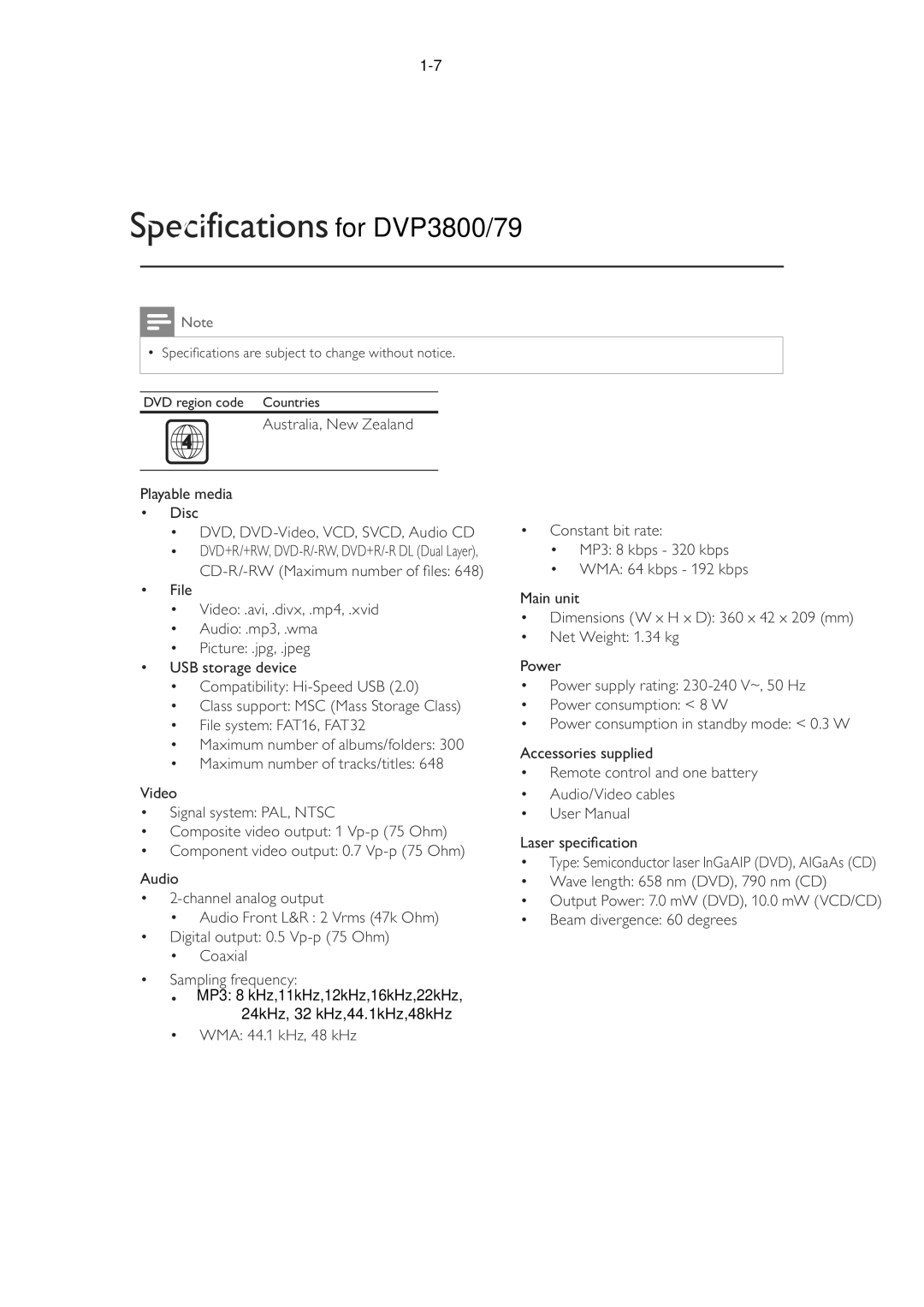 Philips DVP3893, DVP3879, DVP3855, DVP3896, DVP3898 service manual Specificationsfor DVP3800/79 